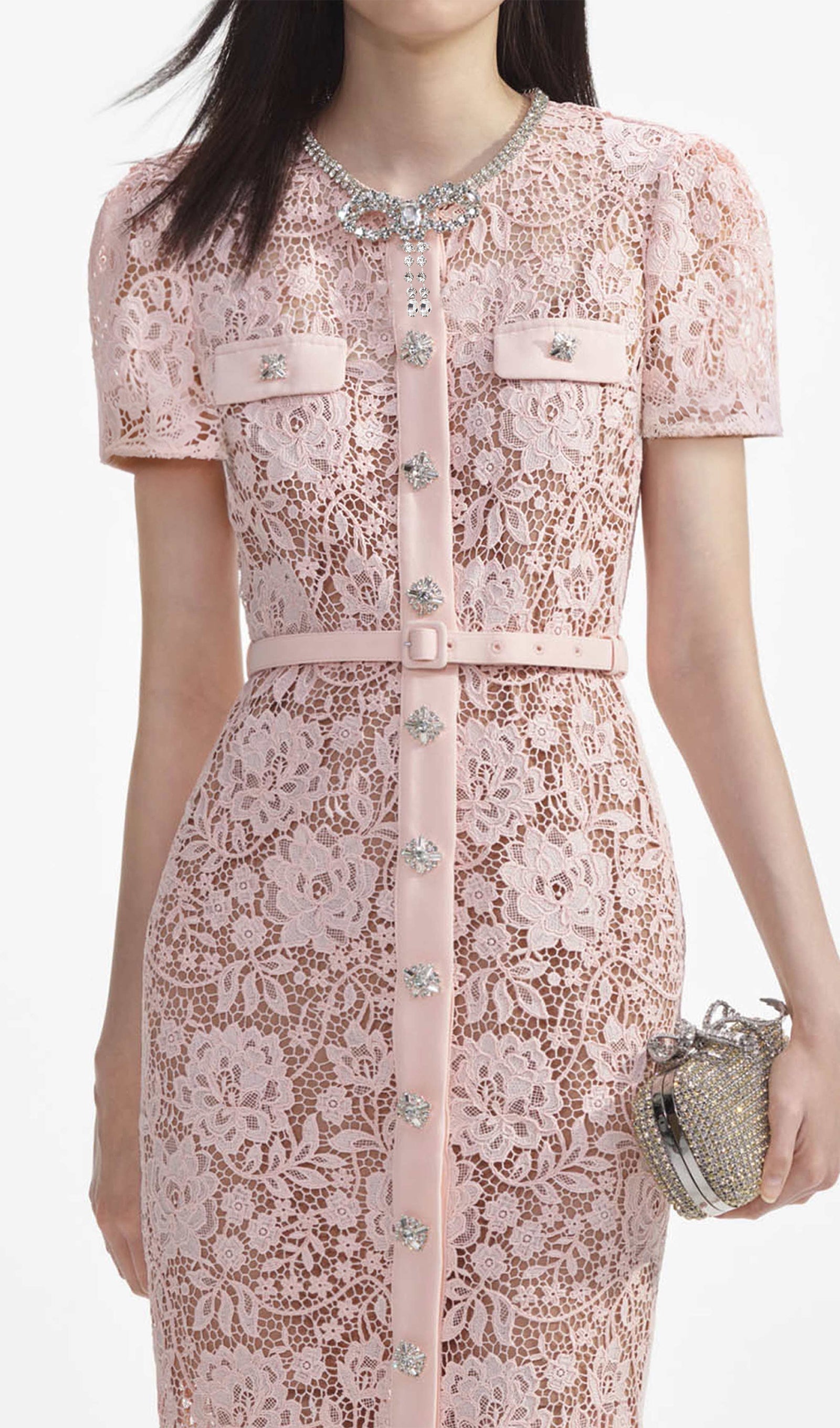 Dantel Diamante Fiyonklu Midi Elbise