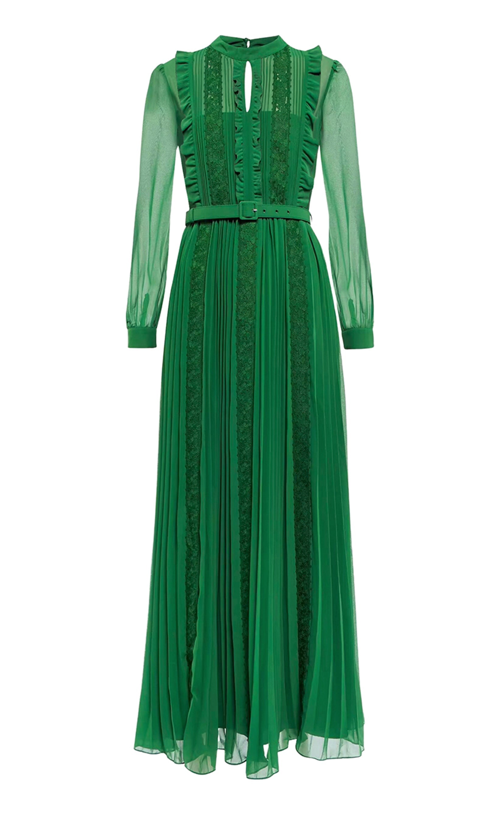 Fit ve Flare Maksi Fırfırlı Pileli Dantel Elbise Yeşil