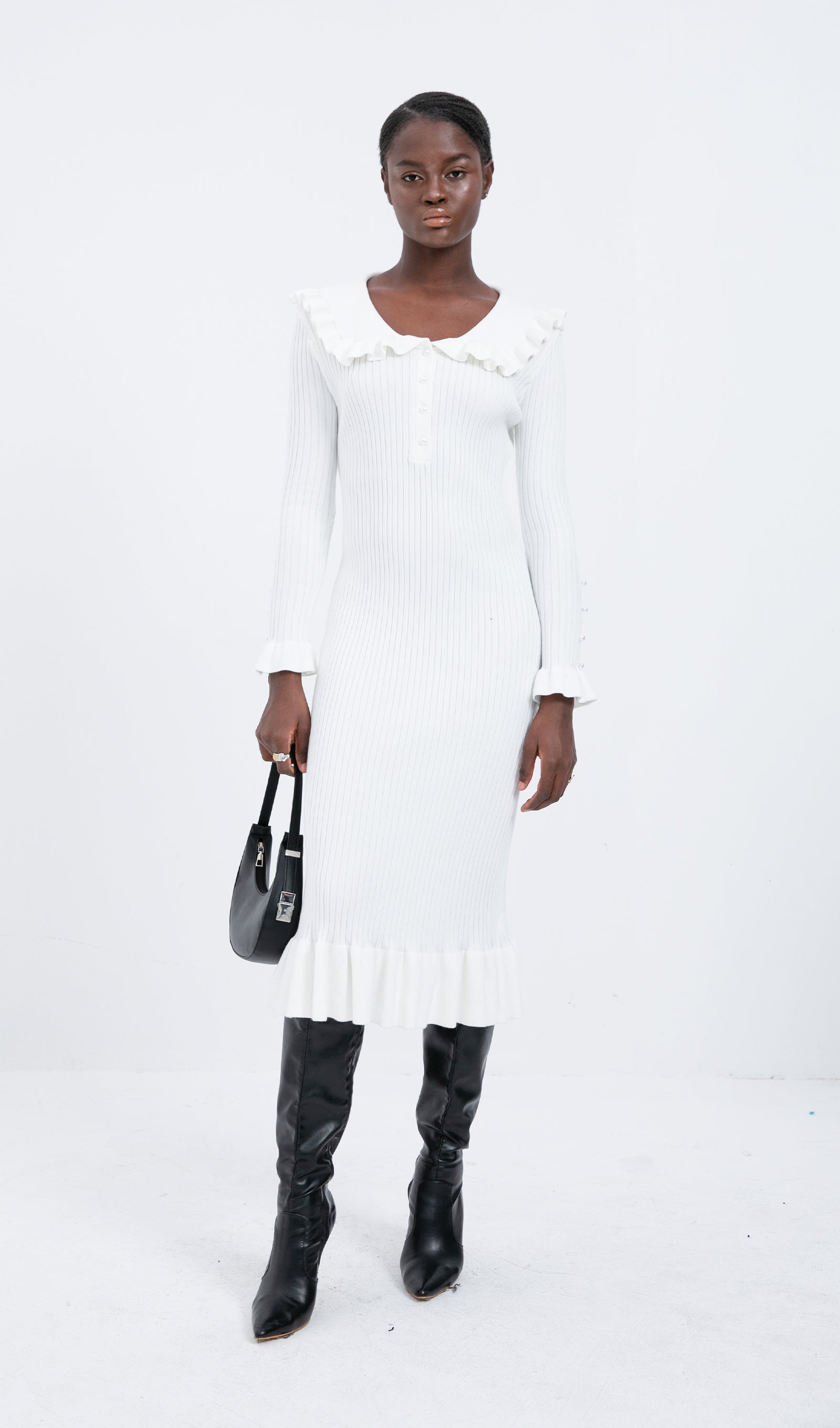 Trendy Örme Fırfırlı Midi Elbise-Beyaz