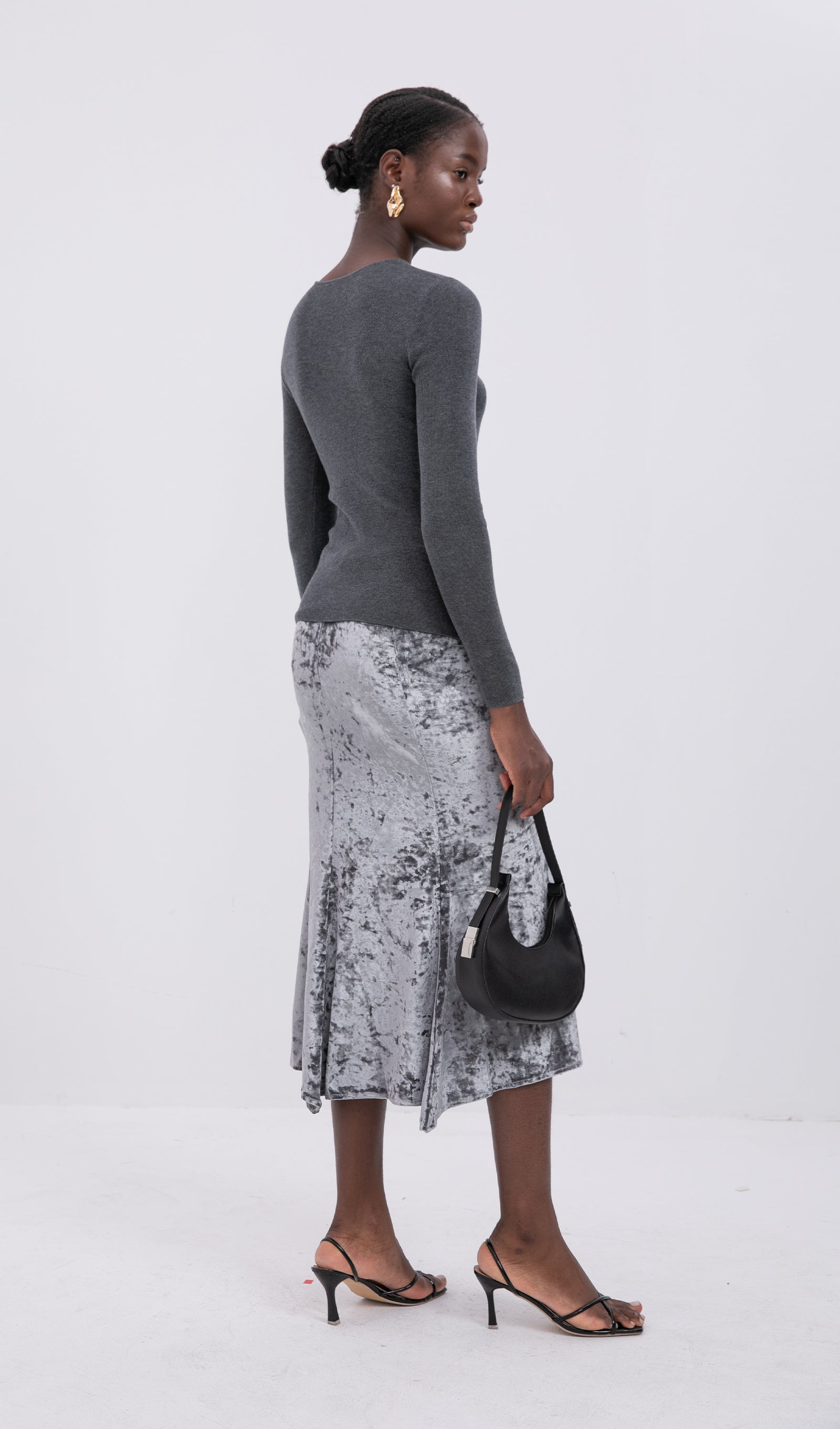 Trendy Yüksek Bel Kadife Midi Etek-Gümüş