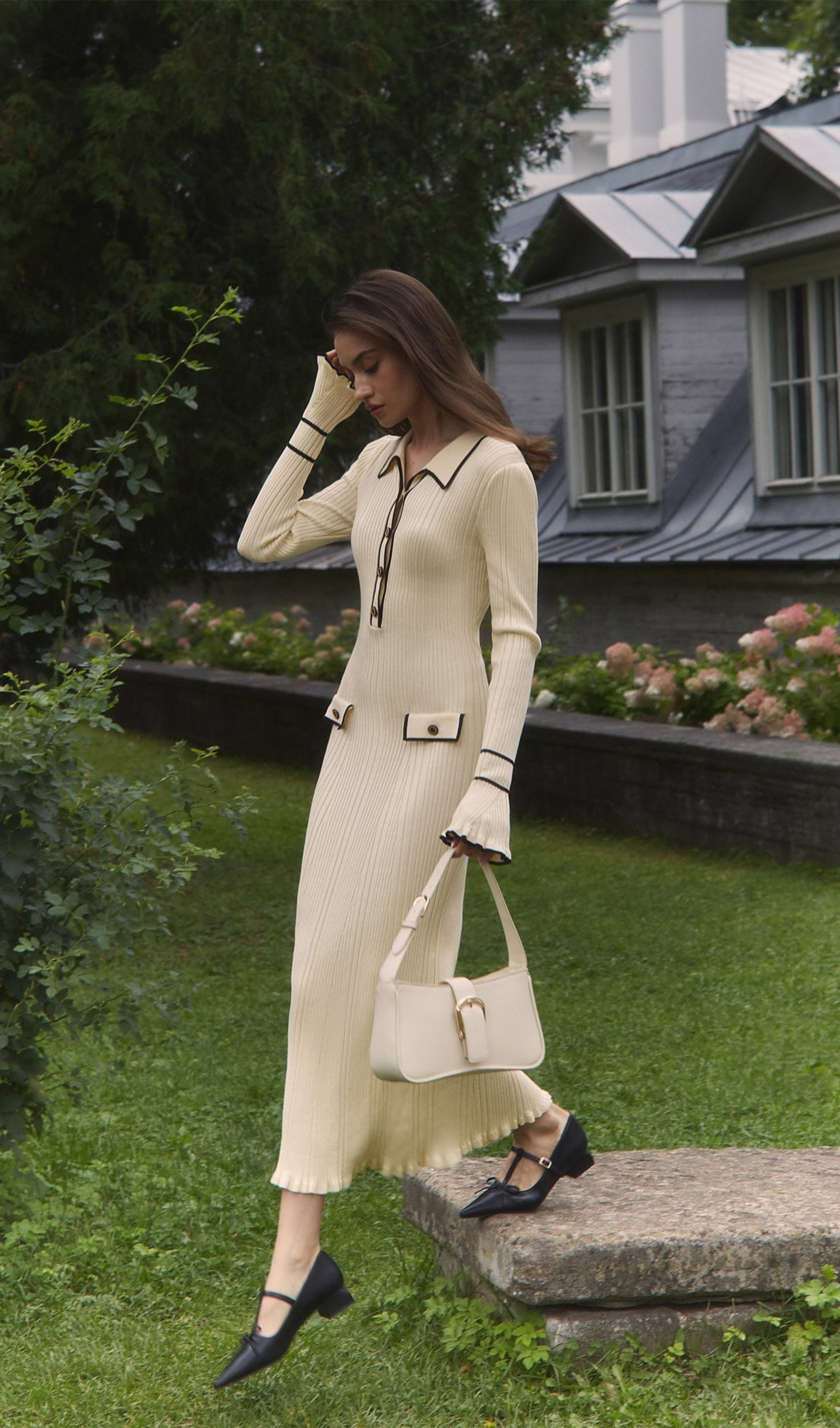 Fitilli Ribana Örgü Midi Elbise-Krem