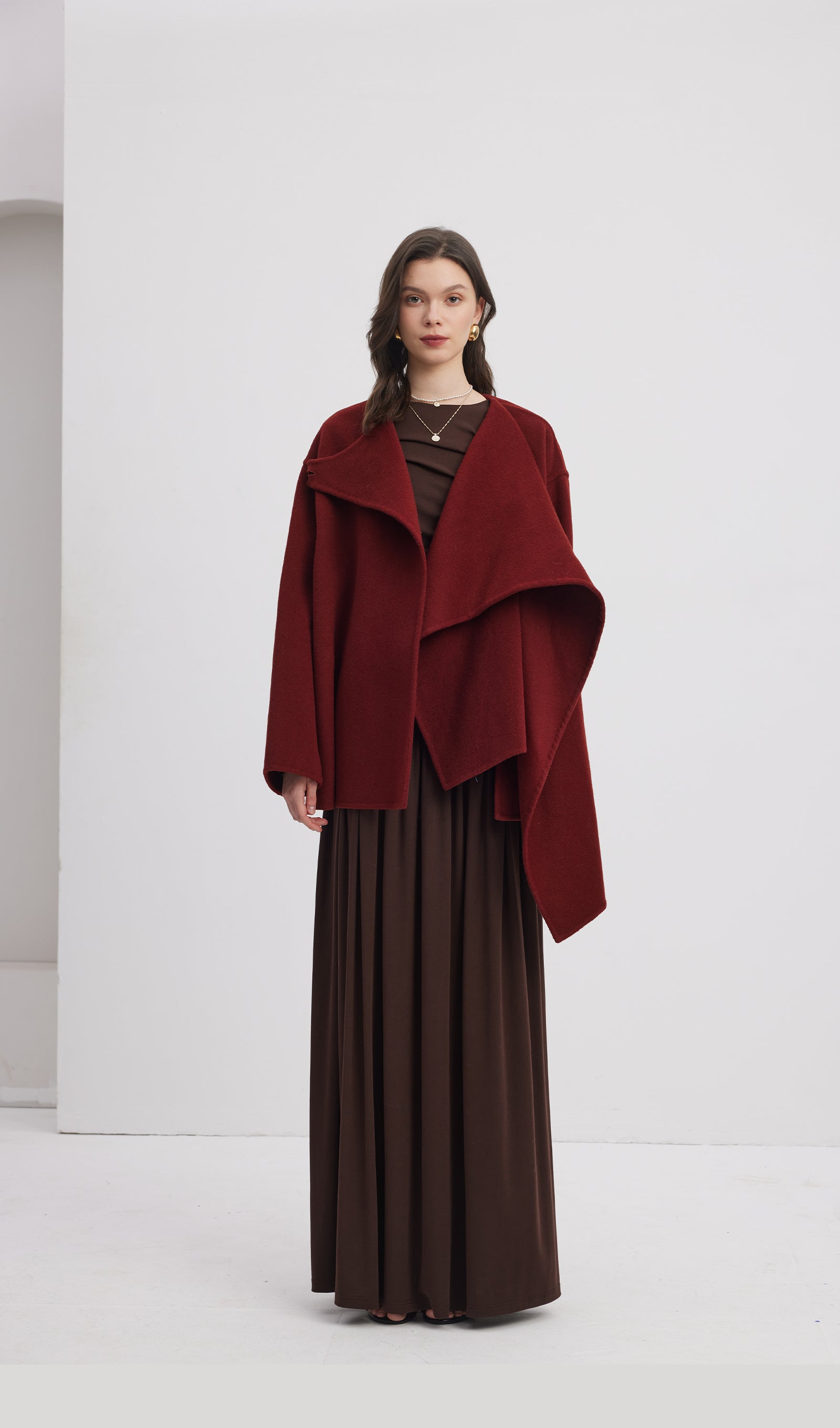 Düz Pelerin Stili %100 Yün Kaban-Şarap Kırmızısı