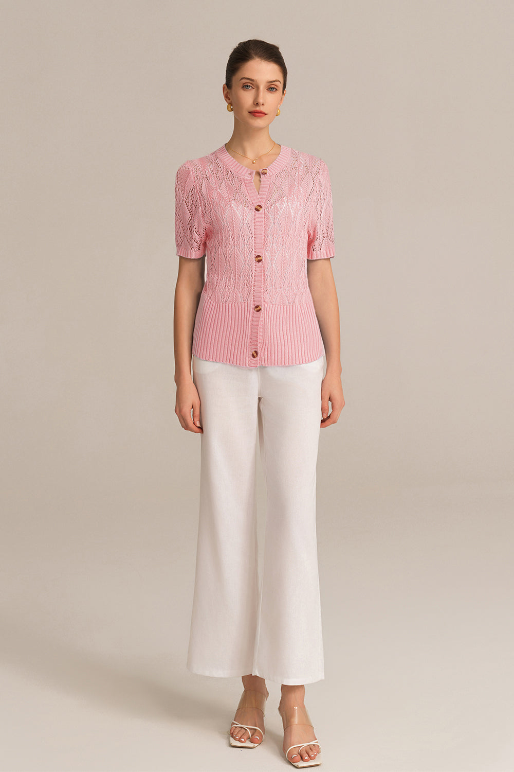Delikli Kısa Kol Bisiklet Yaka Düğmeli Örme Hırka - Pembe