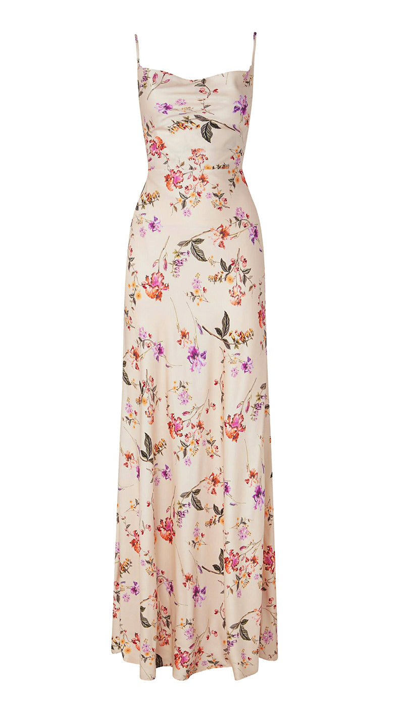 Çiçek Desenli Saten Maksi Elbise