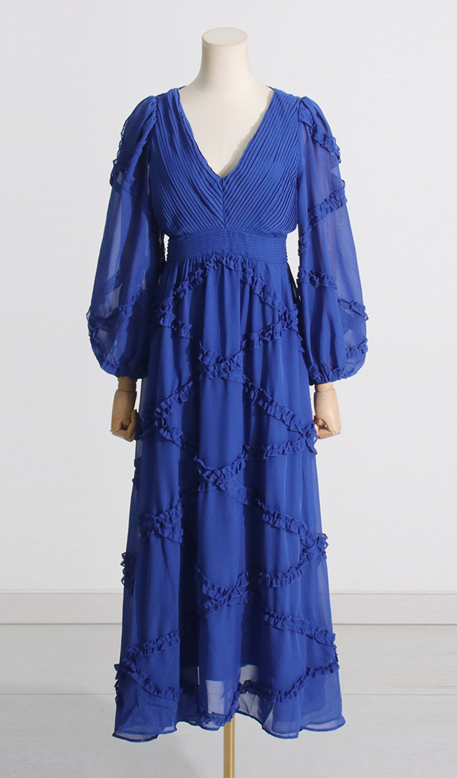 File Uzun Kollu V Yaka Maksi Elbise