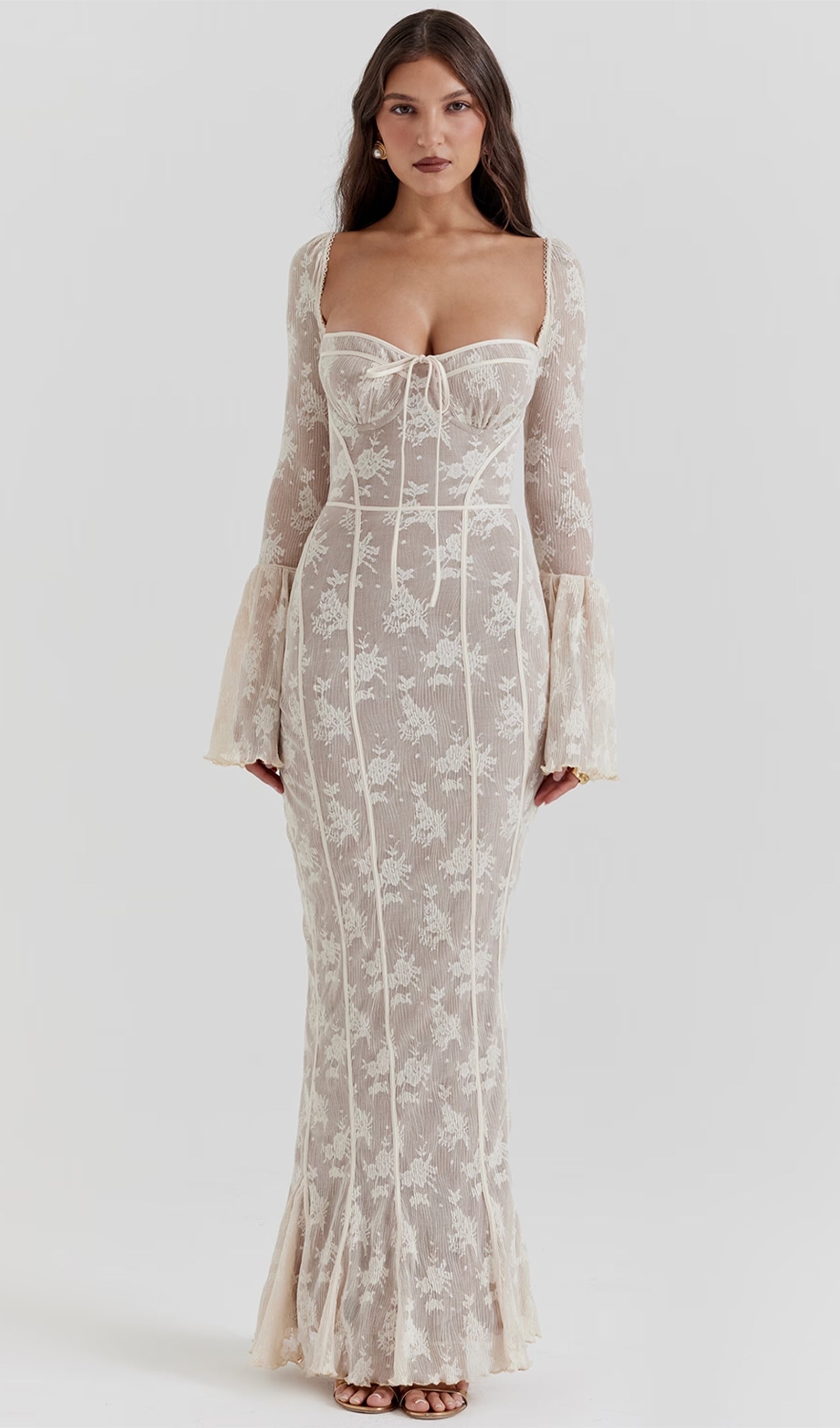 Vintage Krem Dantel Maksi Elbise