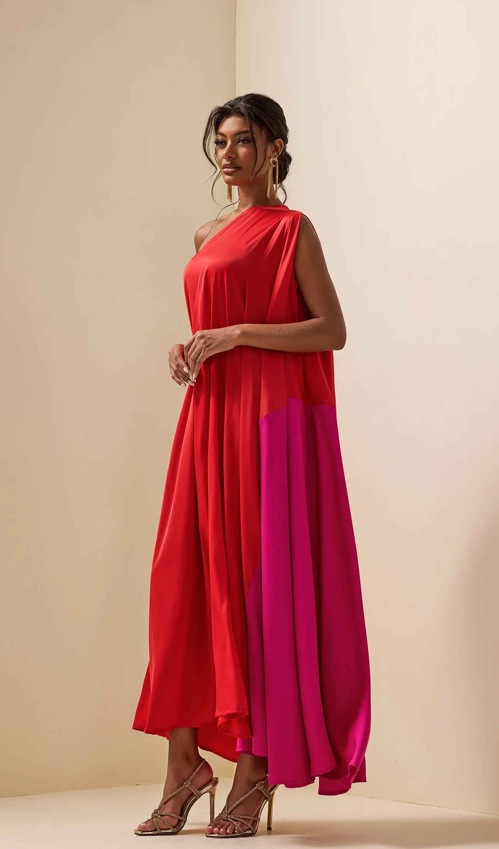 Renk Bloklu Saten Maksi Elbise