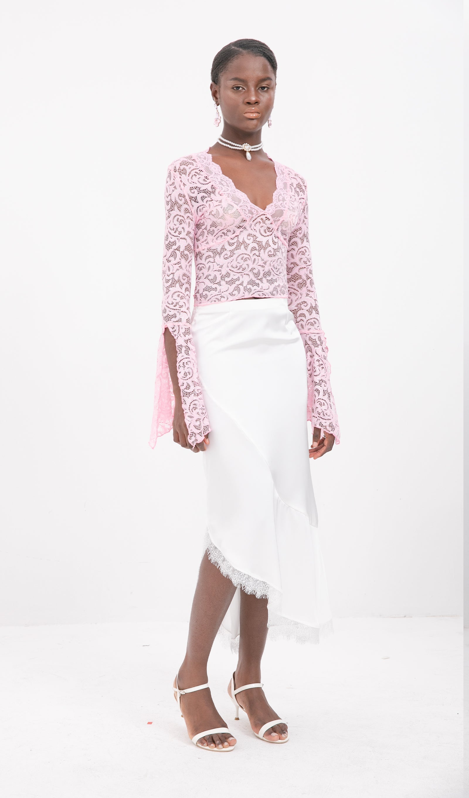 Trendy Saten Dantel Kenarlı Midi Etek-Beyaz