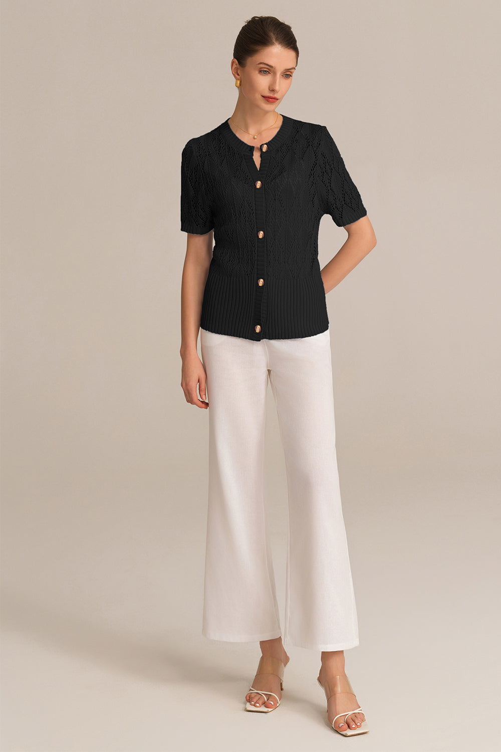 Delikli Kısa Kol Bisiklet Yaka Düğmeli Örme Hırka - Siyah