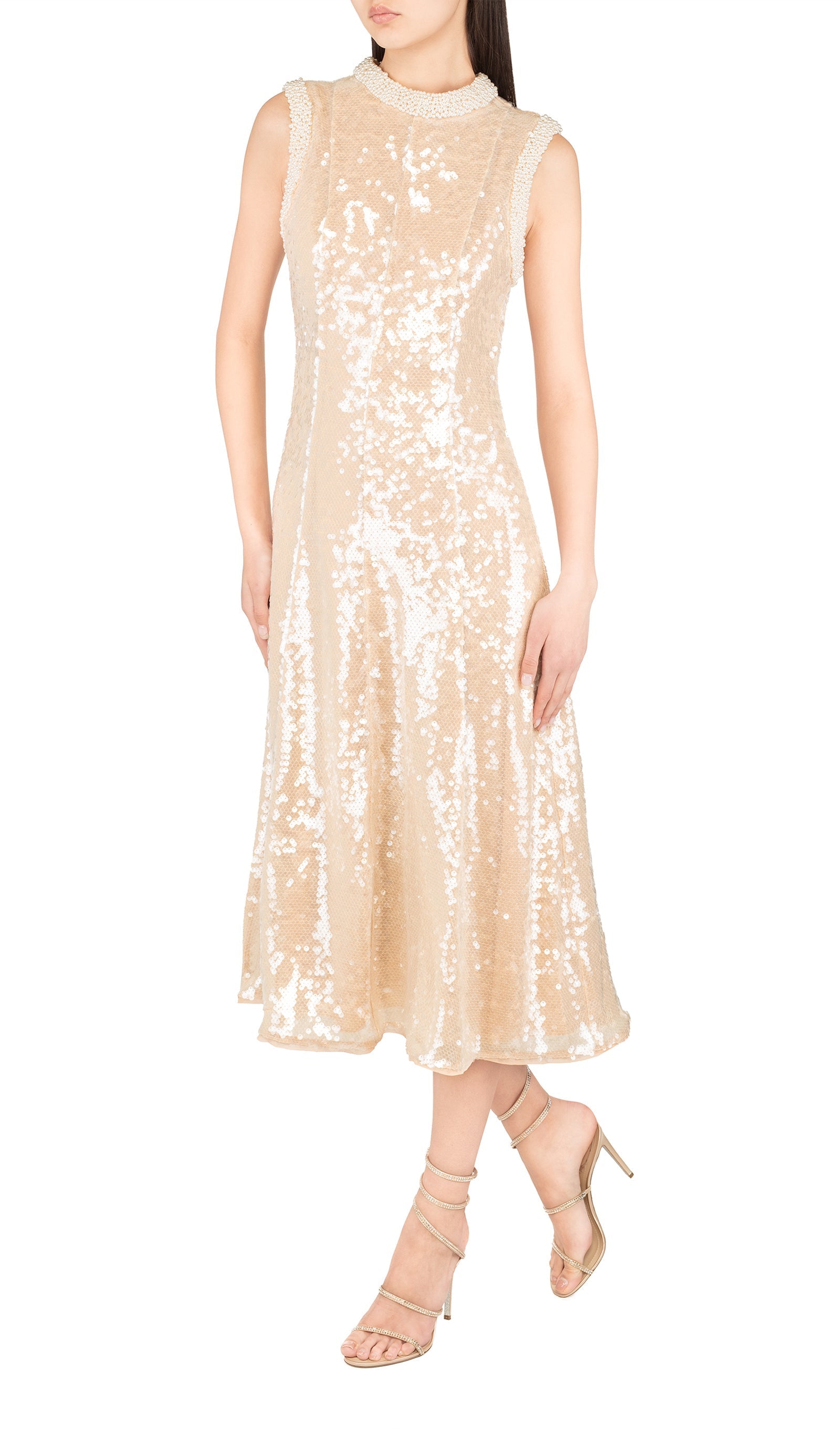 Payet İşlemeli İnci Süslemeli Midi Elbise