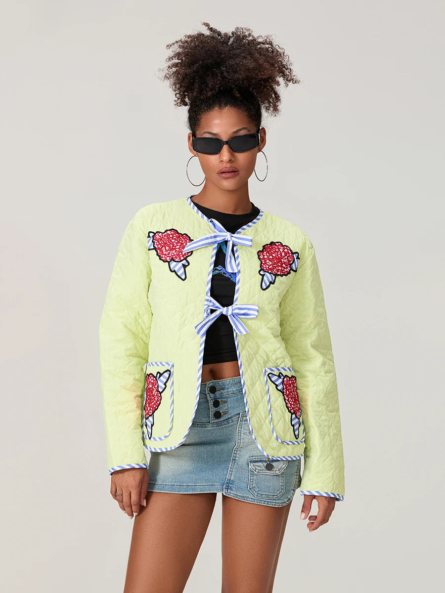 Gül Desenli Fiyonklu Kapitone Ceket -Sarı