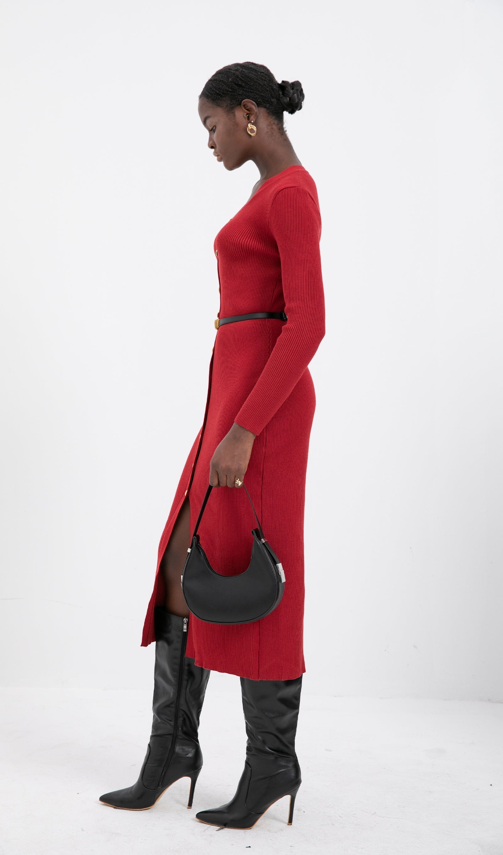 Trendy Kırmızı Örme Midi Elbise