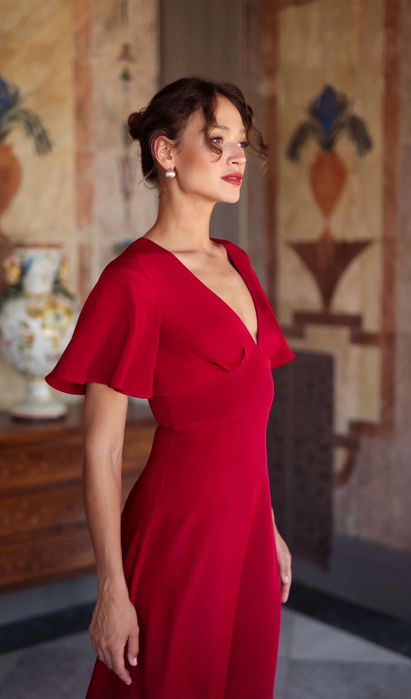 V Yaka Abiye Midi Elbise-Kırmızı