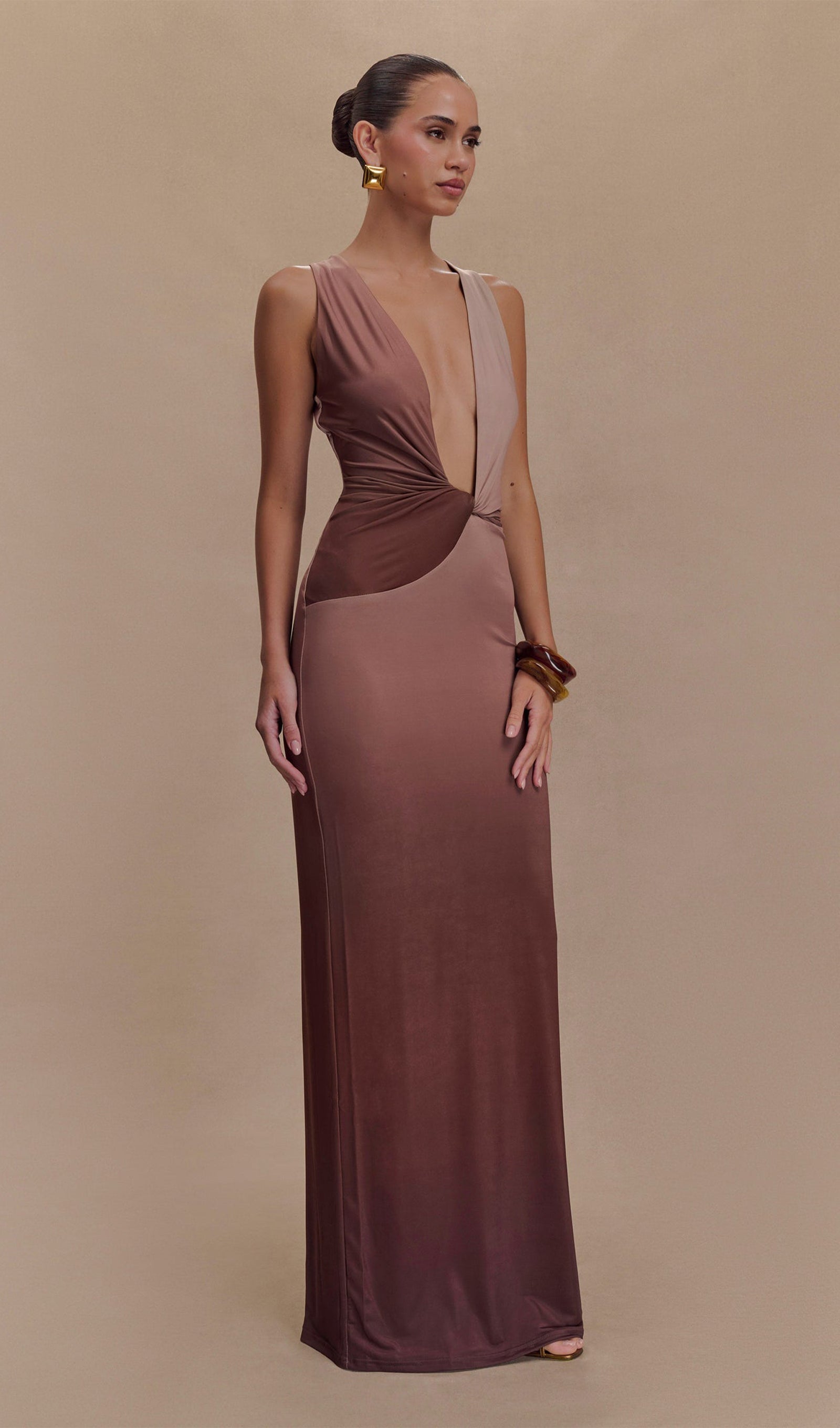 Drapeli Dar Maksi Elbise Mocha Ombre
