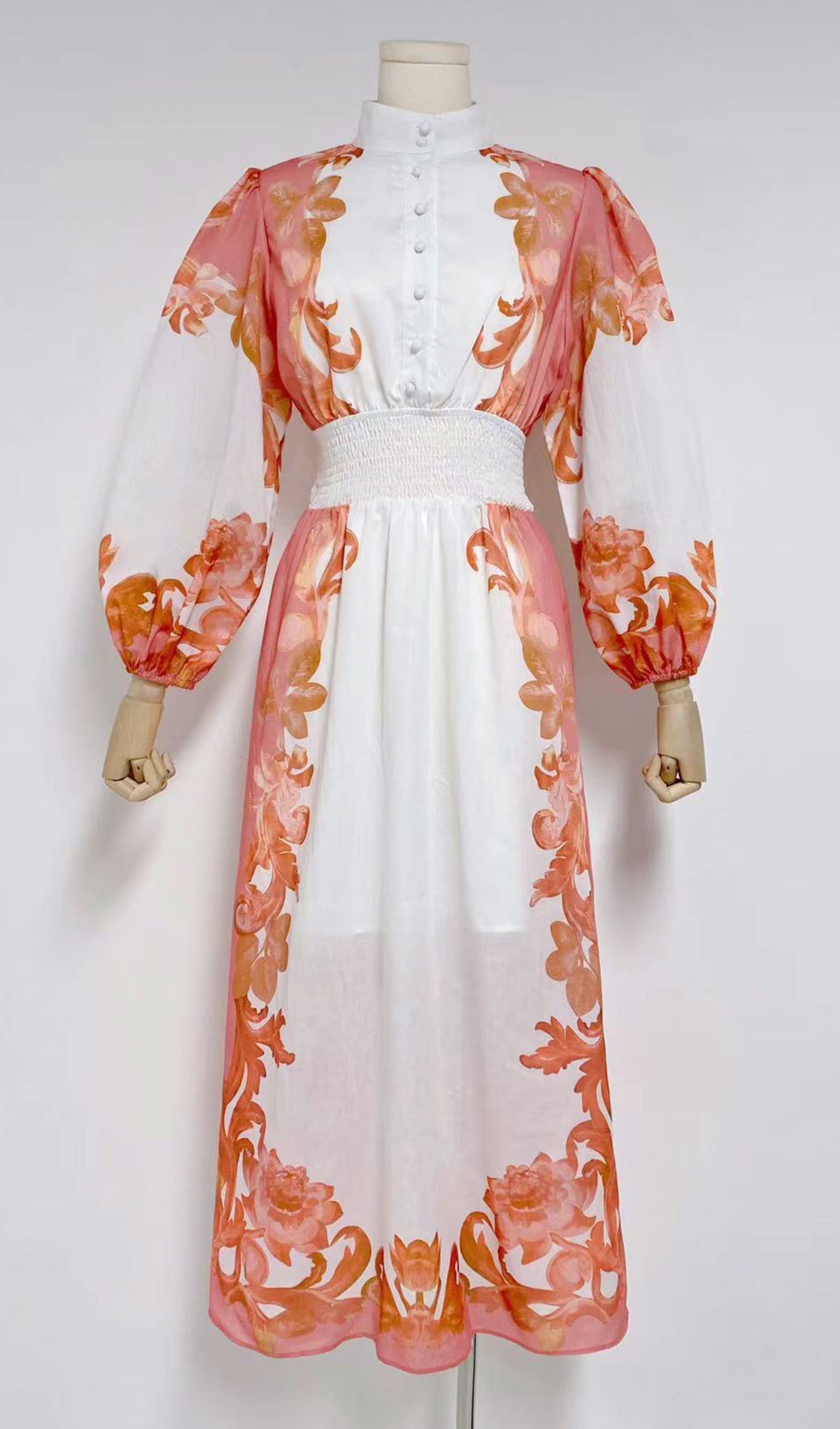 Uzun Kollu Çiçekli Fit ve Flare Maksi Elbise