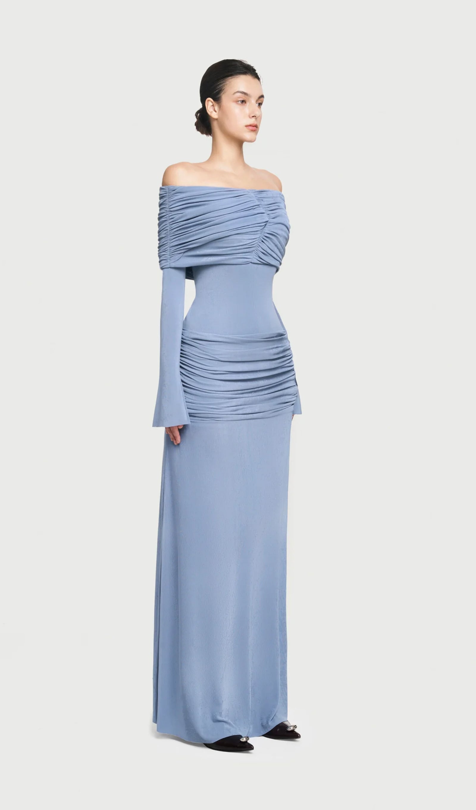 Jersey Drapeli Omuzları Açık Maksi Elbise