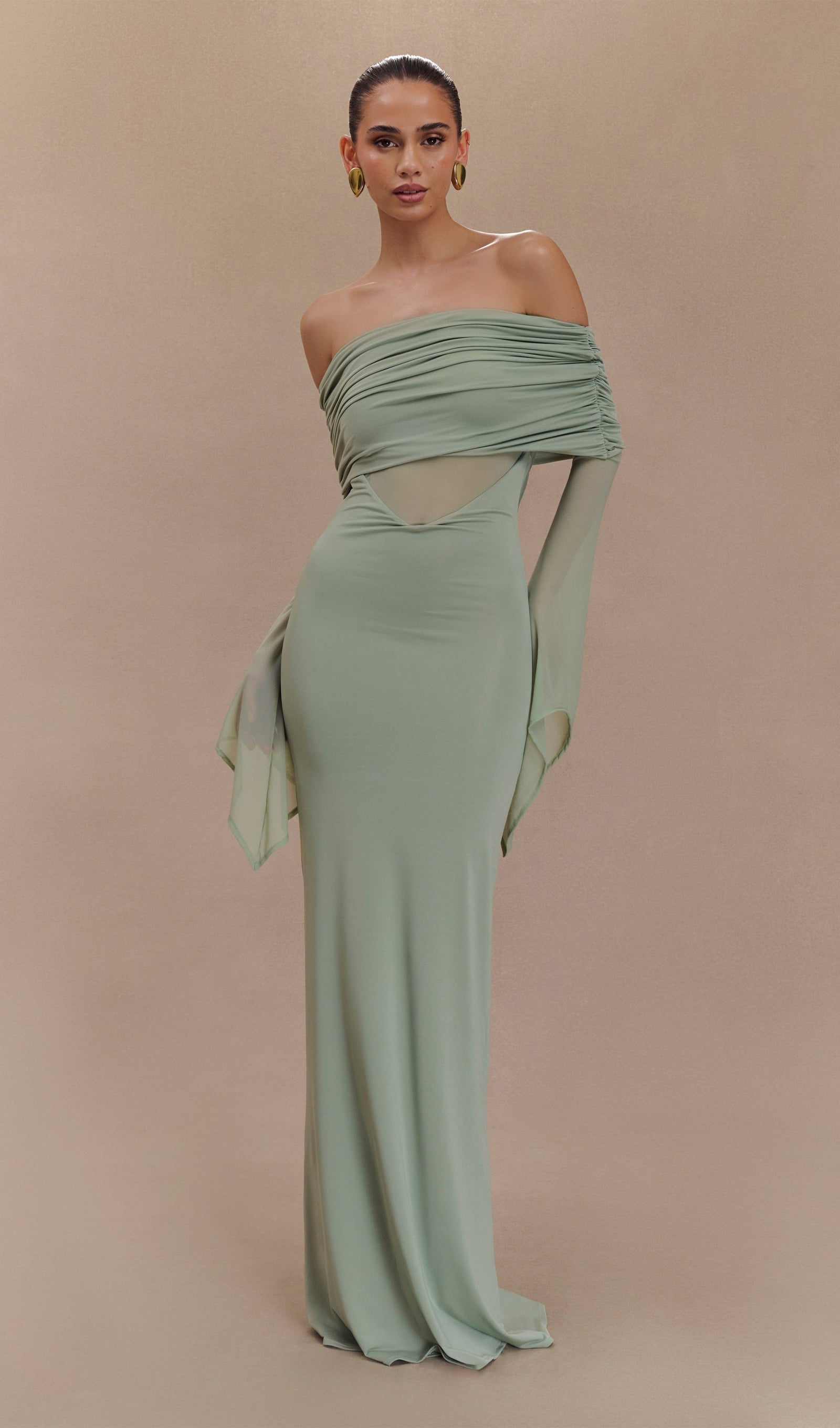 Tek Omuz Slinky Dantelli Maksi Elbise -Yeşil