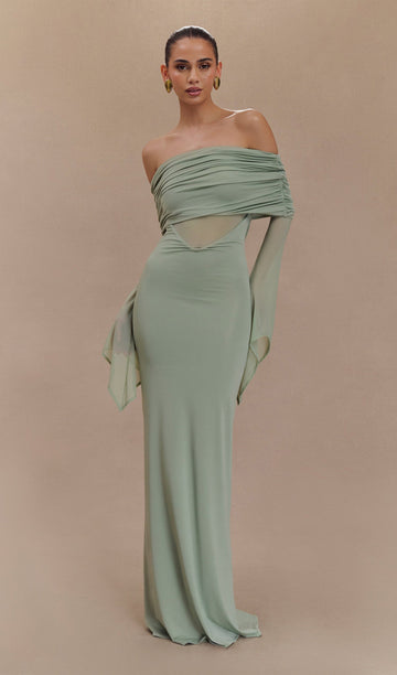 Tek Omuz Slinky Dantelli Maksi Elbise -Yeşil