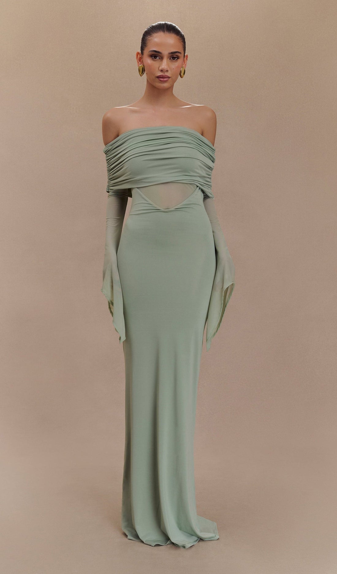 Tek Omuz Slinky Dantelli Maksi Elbise -Yeşil