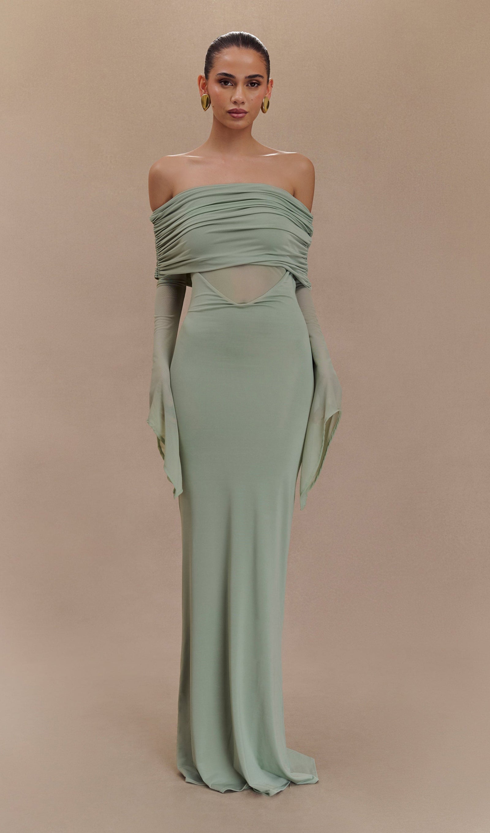 Tek Omuz Slinky Dantelli Maksi Elbise -Yeşil