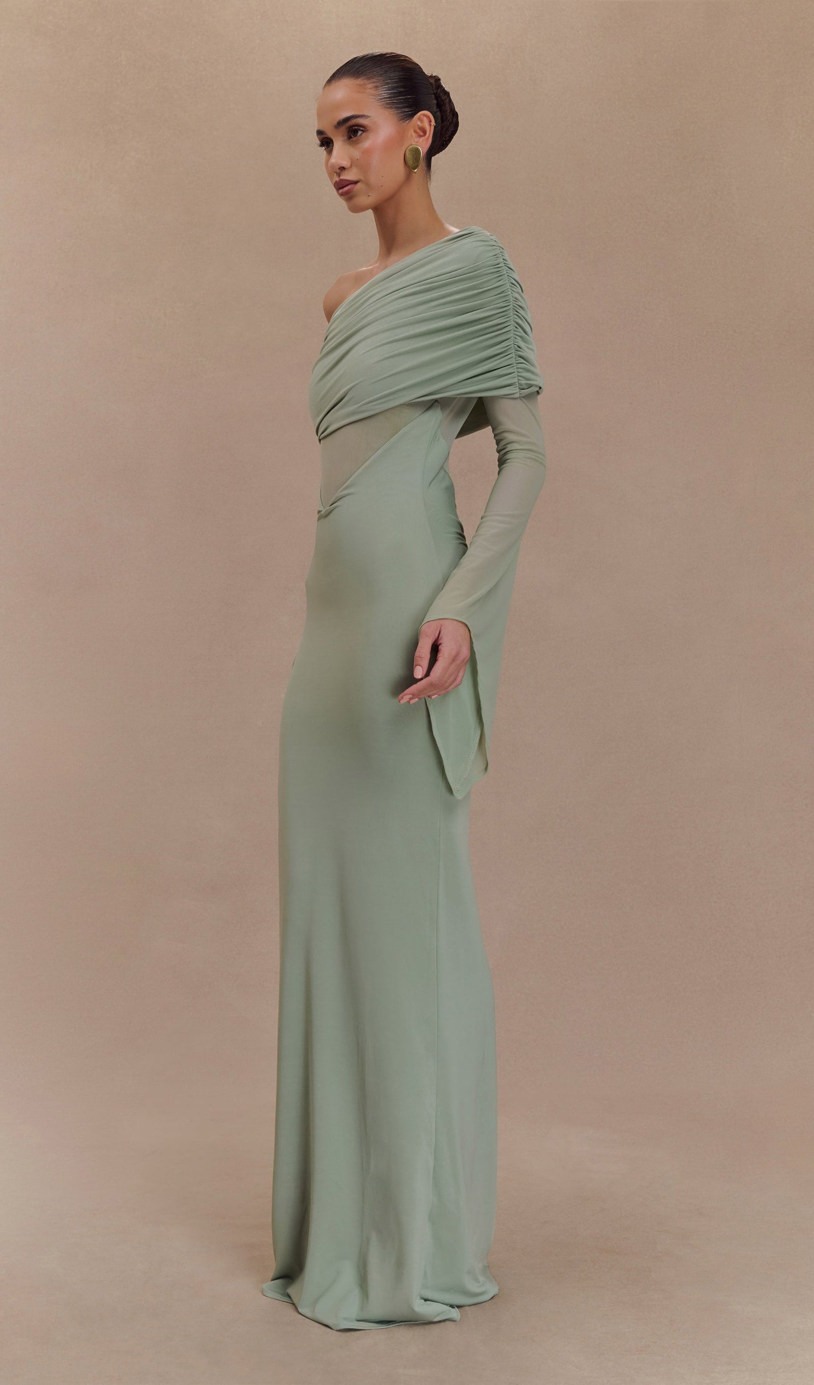 Tek Omuz Slinky Dantelli Maksi Elbise -Yeşil