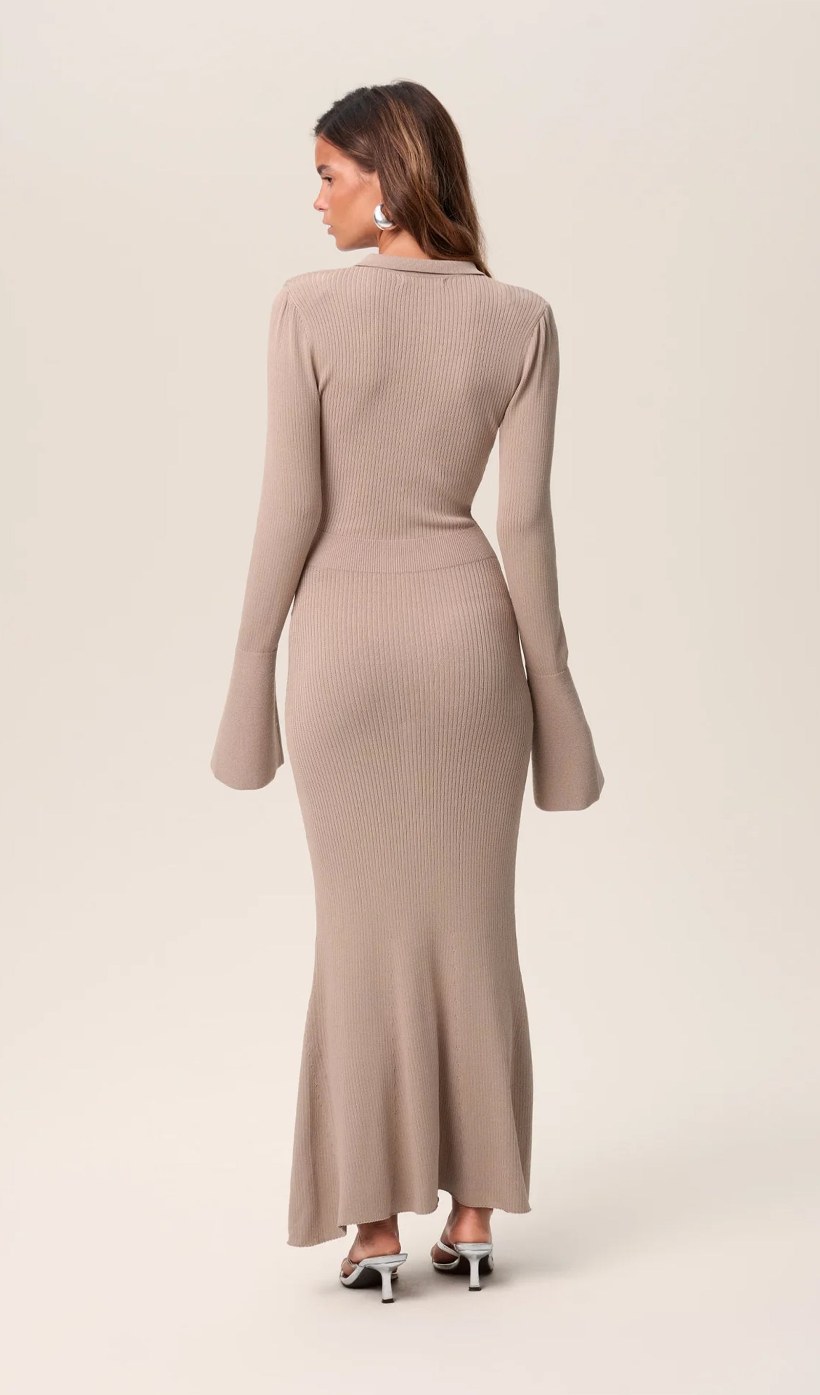 Düz Örme İçi Boş Maksi Elbise-Bej