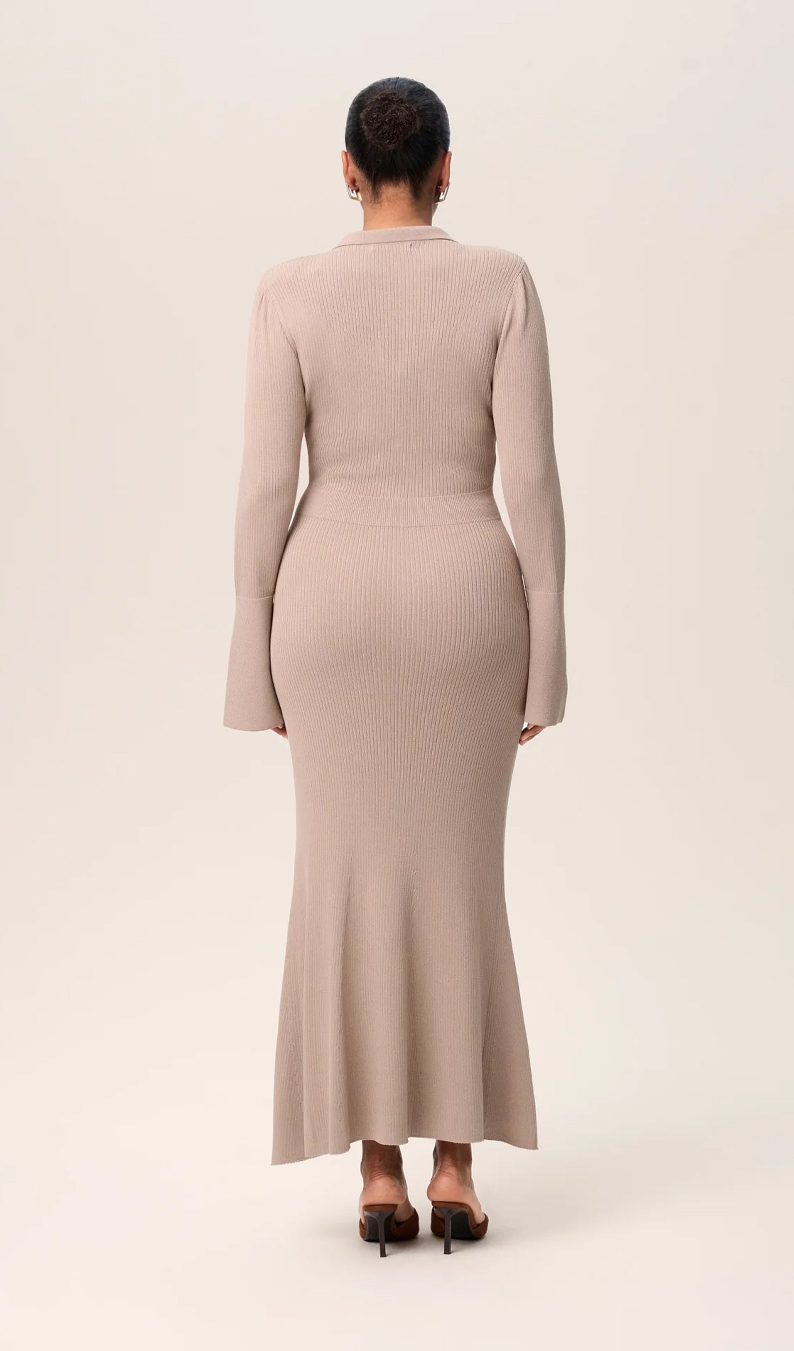 Düz Örme İçi Boş Maksi Elbise-Bej