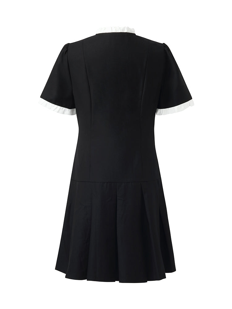 Fırfır Süslemeli İnci Düğmeli Kadın Mini Siyah Spor Elbise