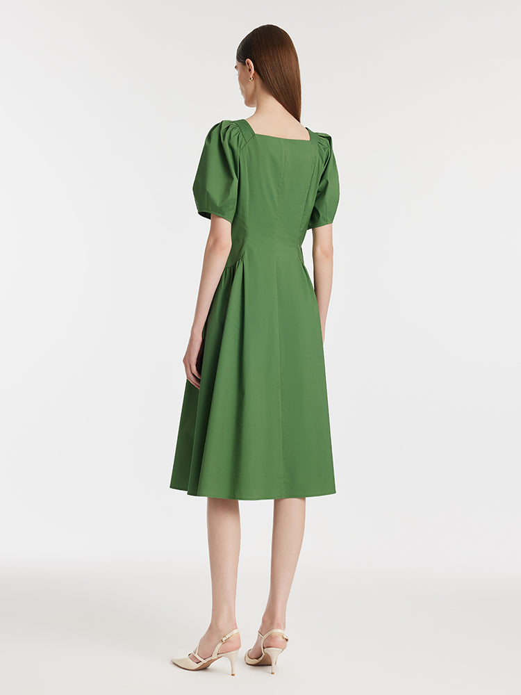 Kare Yaka Puf Kollu Kadın Midi Spor Yeşil Elbise