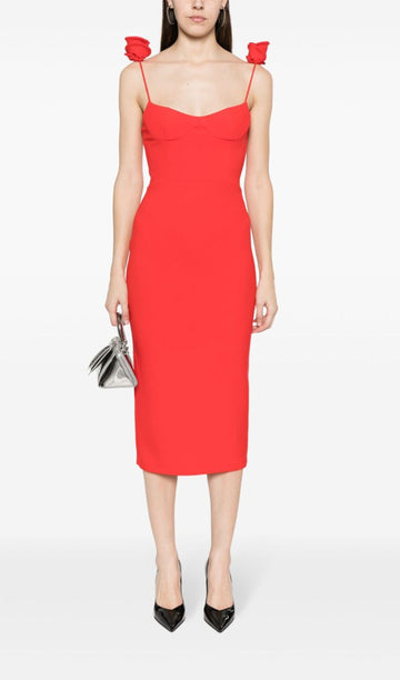 Düz Çiçek Desenli Midi Elbise