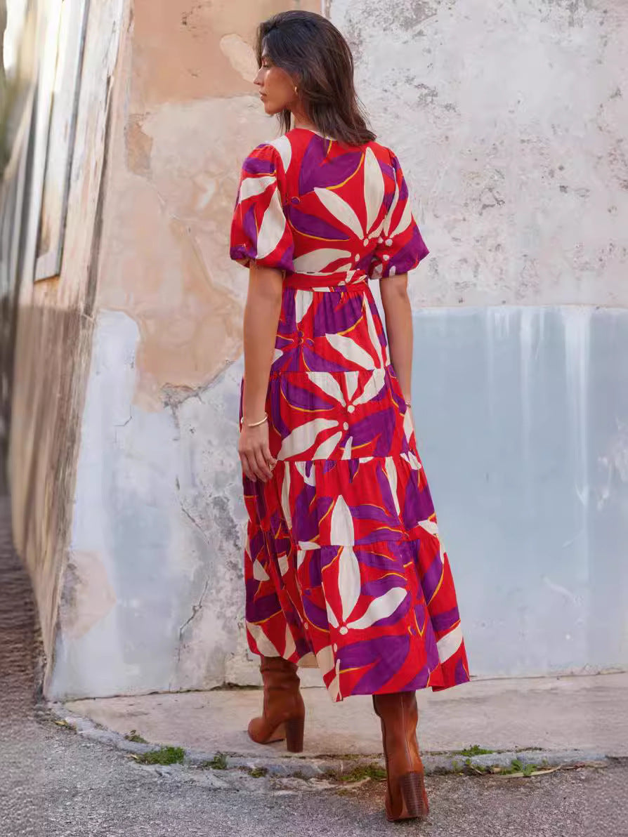 V Yaka Puf Kollu Yırtmaç Baskılı Maksi Elbise