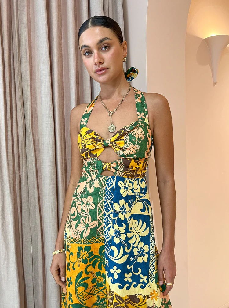 Seksi Baskı Bandaj Sırtı Açık Halter Baskılı Maxi Elbise