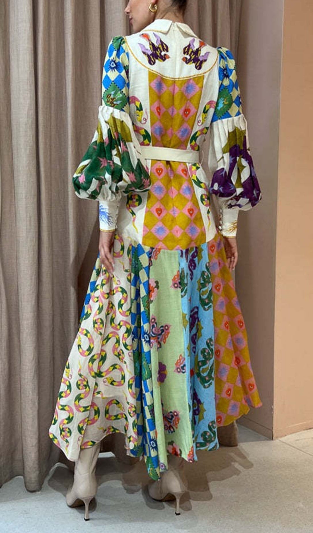 Patchwork Fener Kollu Kemer Gömlek Maksi Elbise