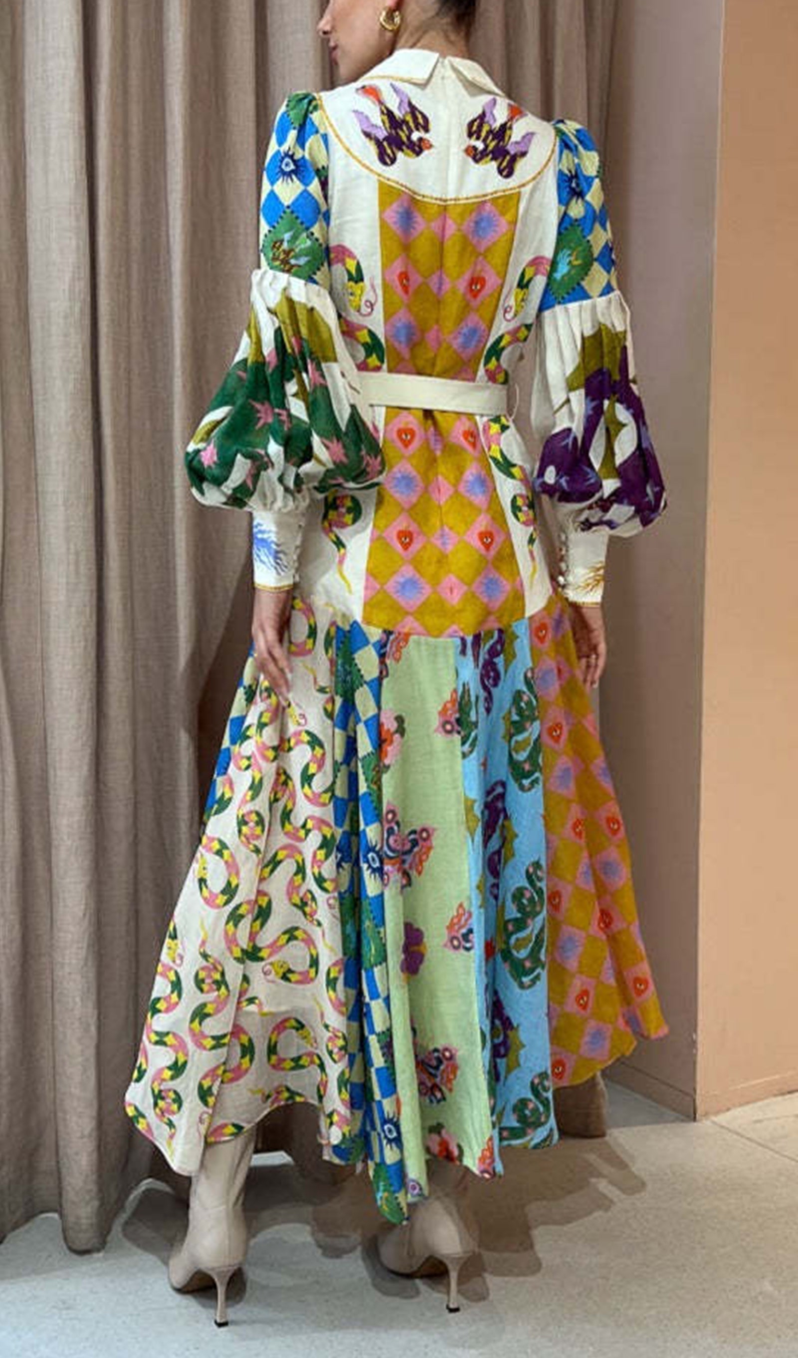 Patchwork Fener Kollu Kemer Gömlek Maksi Elbise