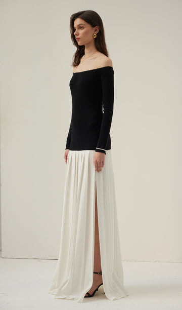 Kontrast Örgü Kapalı Omuz Maksi Elbise