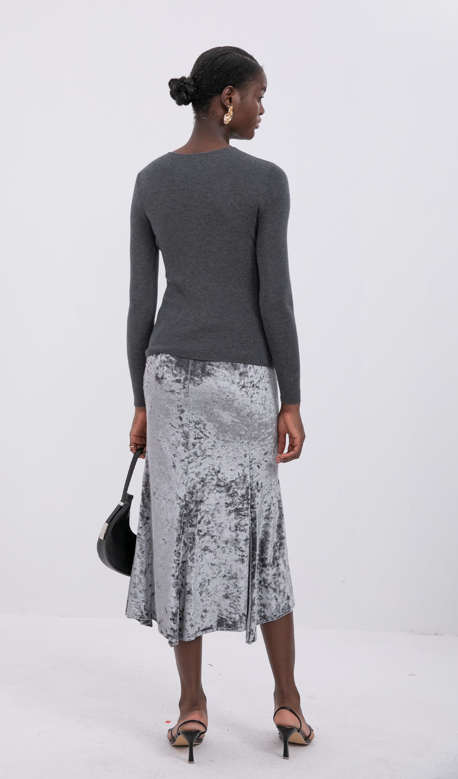 Trendy Yüksek Bel Kadife Midi Etek-Gümüş