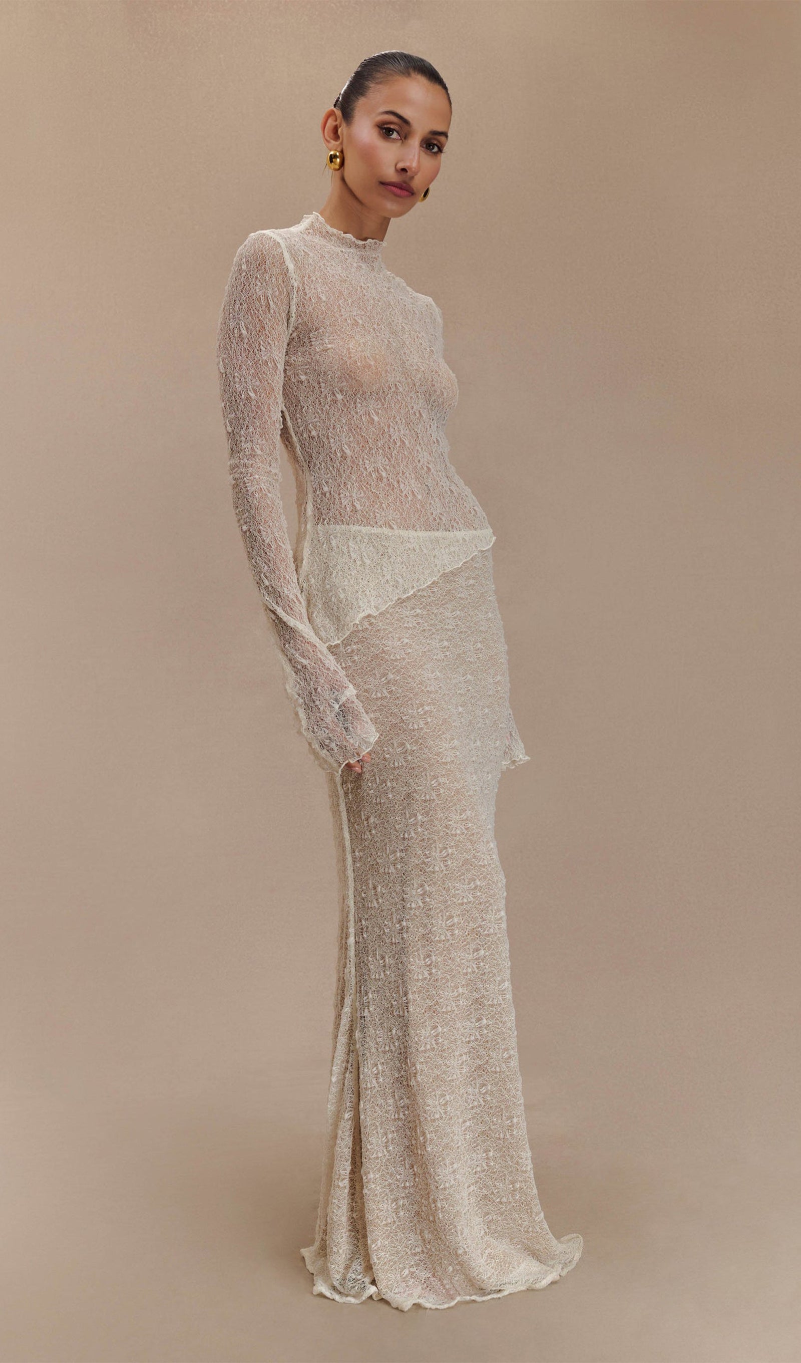 Şeffaf Dantel Maksi Etek - Fildişi