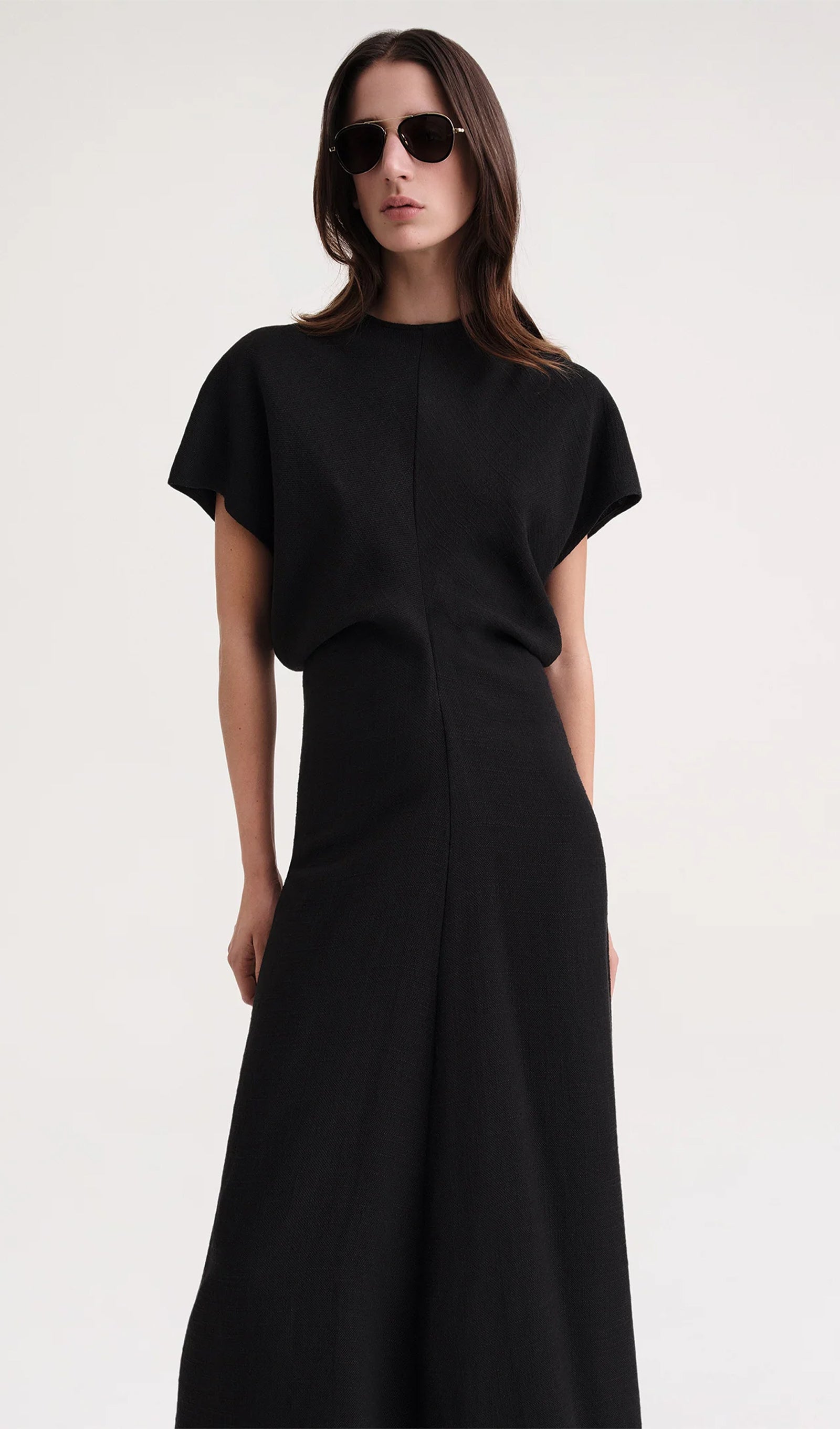 Slouch Bel Saten Midi Elbise-Siyah