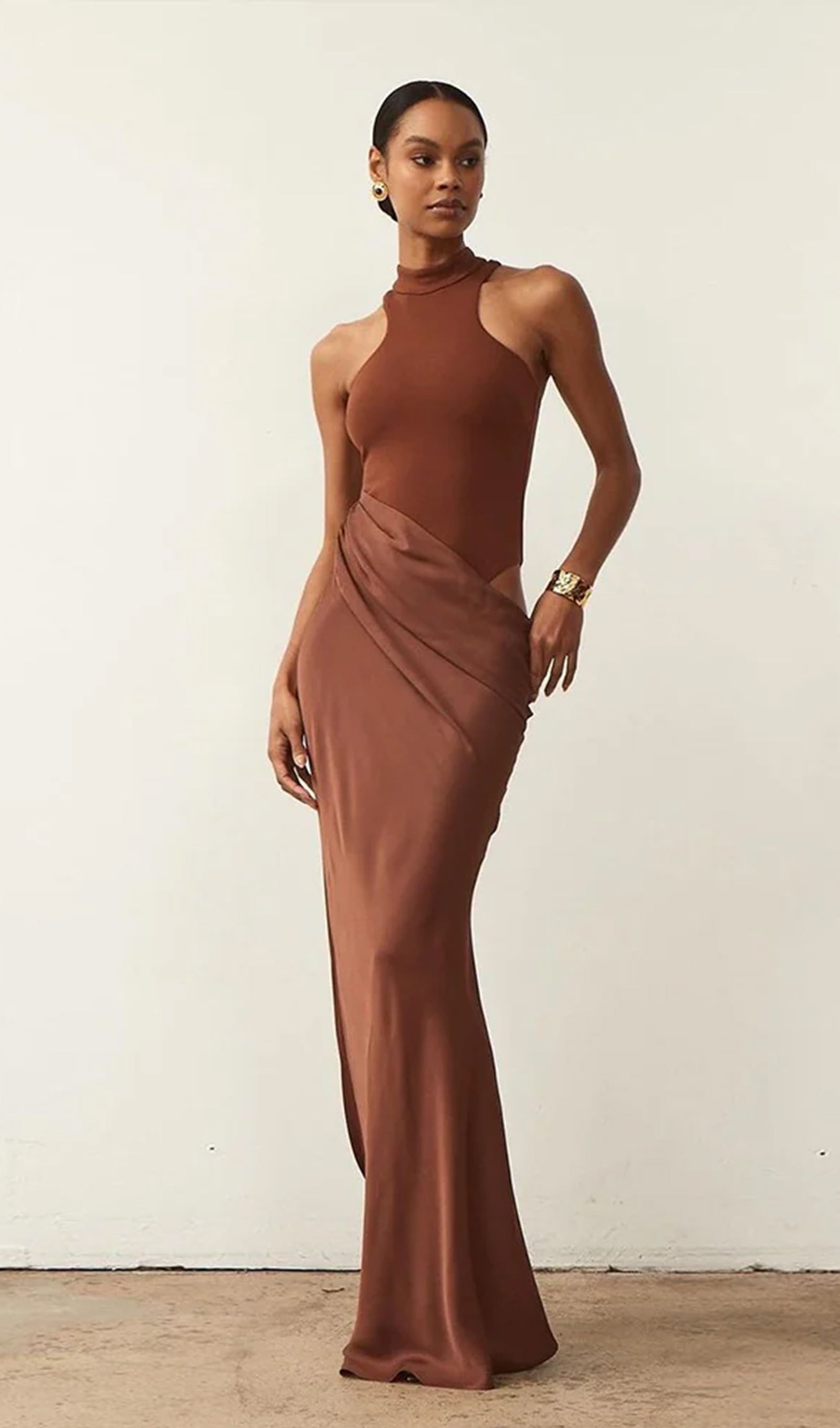 Hollow Out Maksi Elbise-Kahverengi/Haki