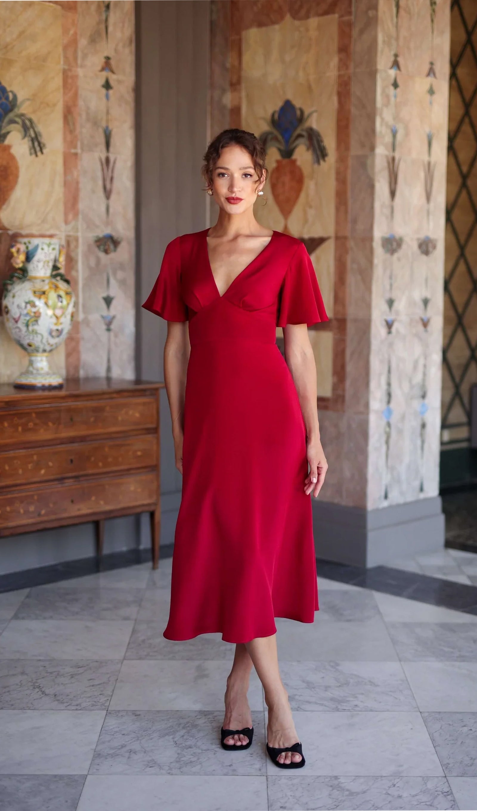 V Yaka Abiye Midi Elbise-Kırmızı