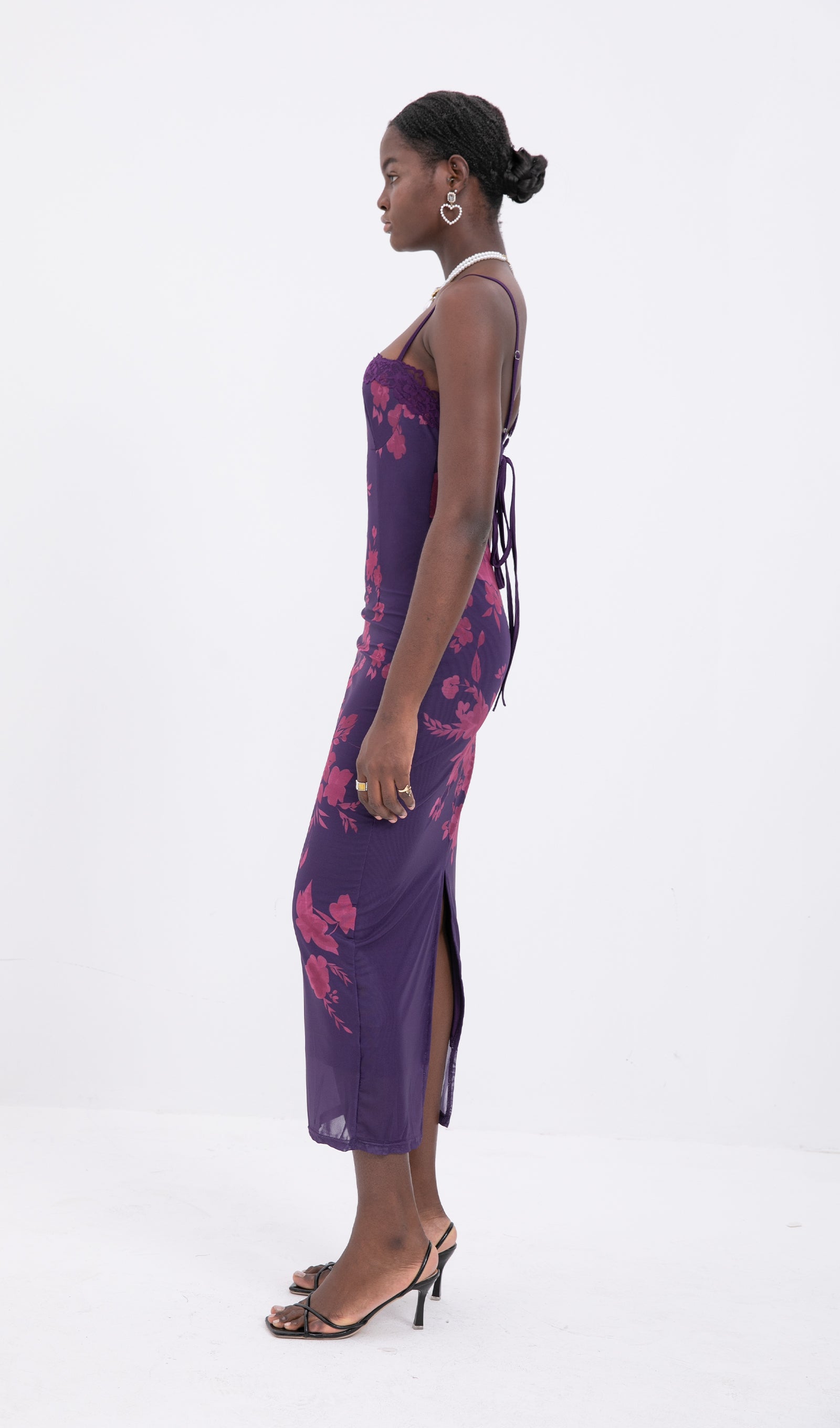 Trendy Bağcıklı Dantel Çiçekli Örgü Midi Elbise