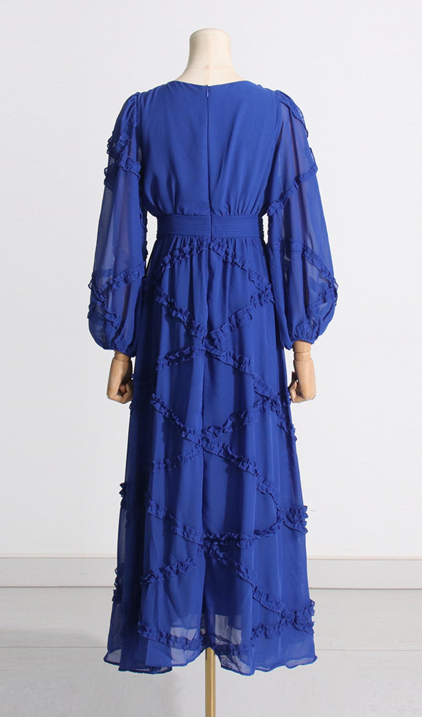 File Uzun Kollu V Yaka Maksi Elbise