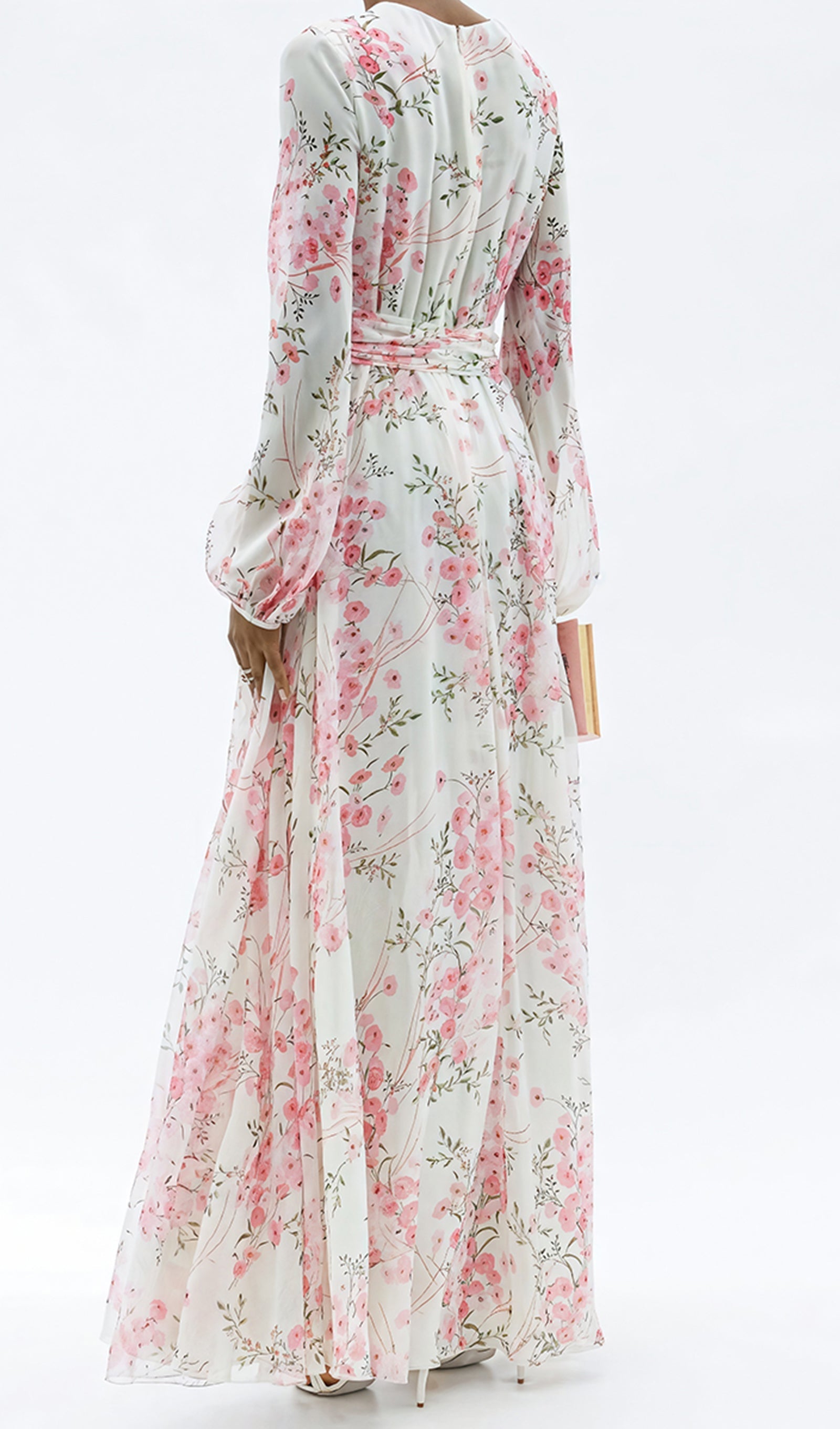 Uzun Kollu Çiçekli Fit ve Flare Maksi Elbise