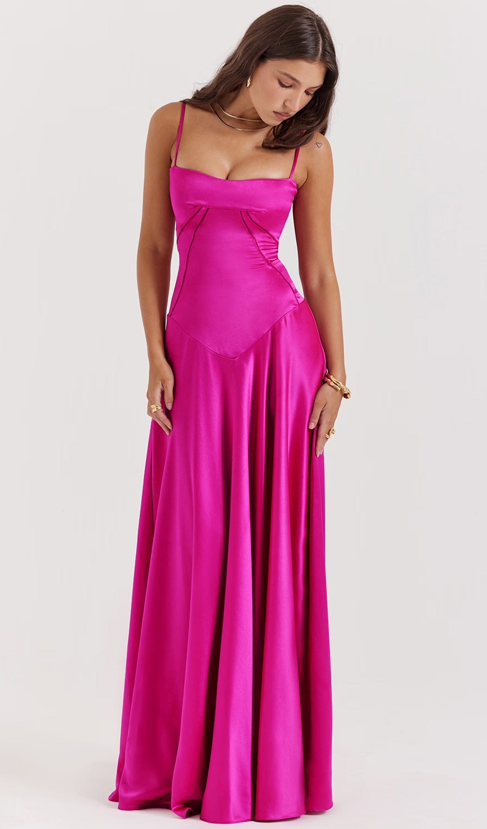 Saten Dantelli Maksi Elbise