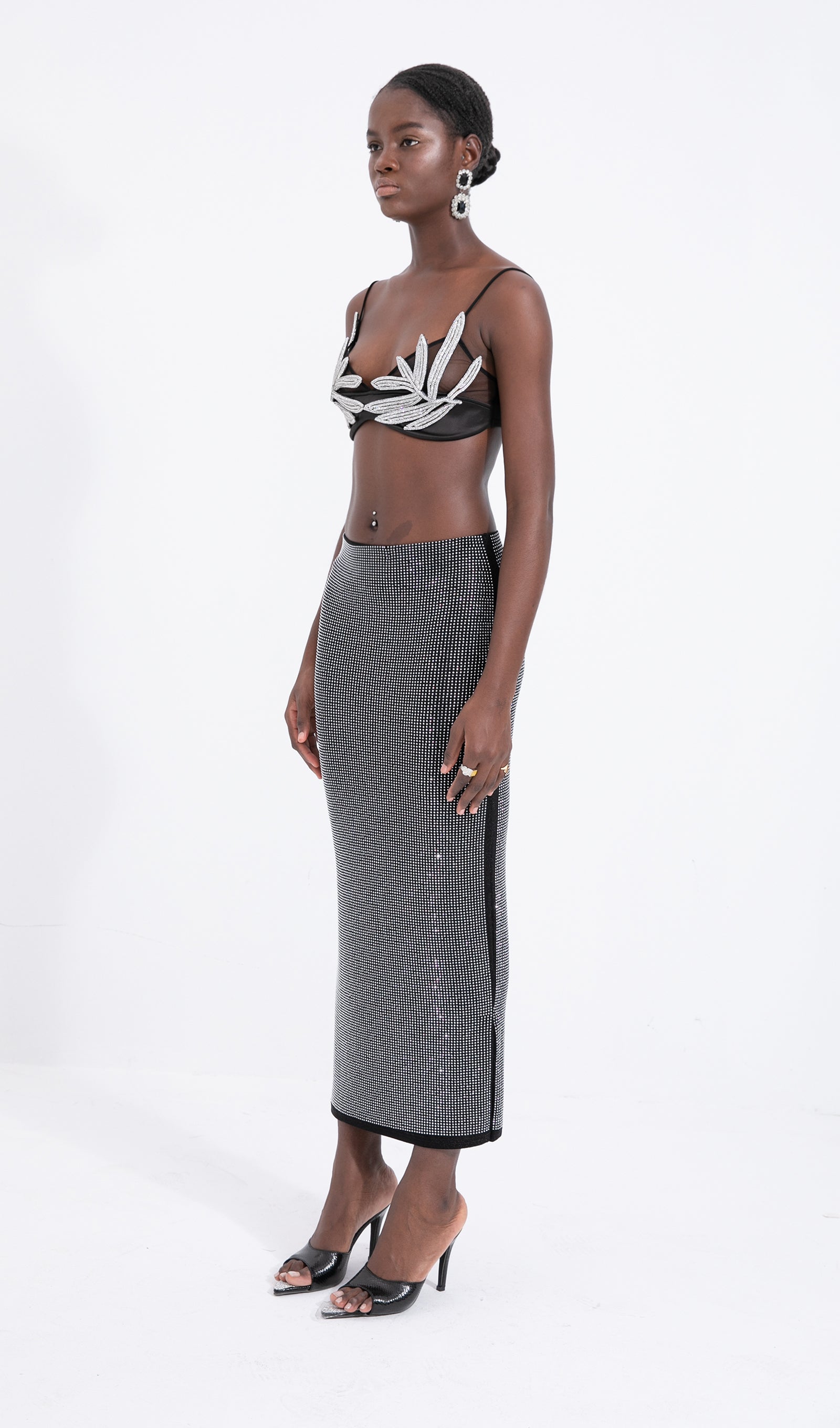 Gümüş Tonlu Boncuklu Midi Etek