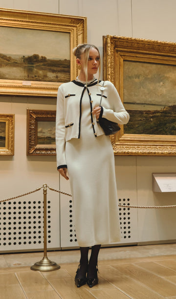 Örme Midi Elbise İki Parça Takım-Beyaz