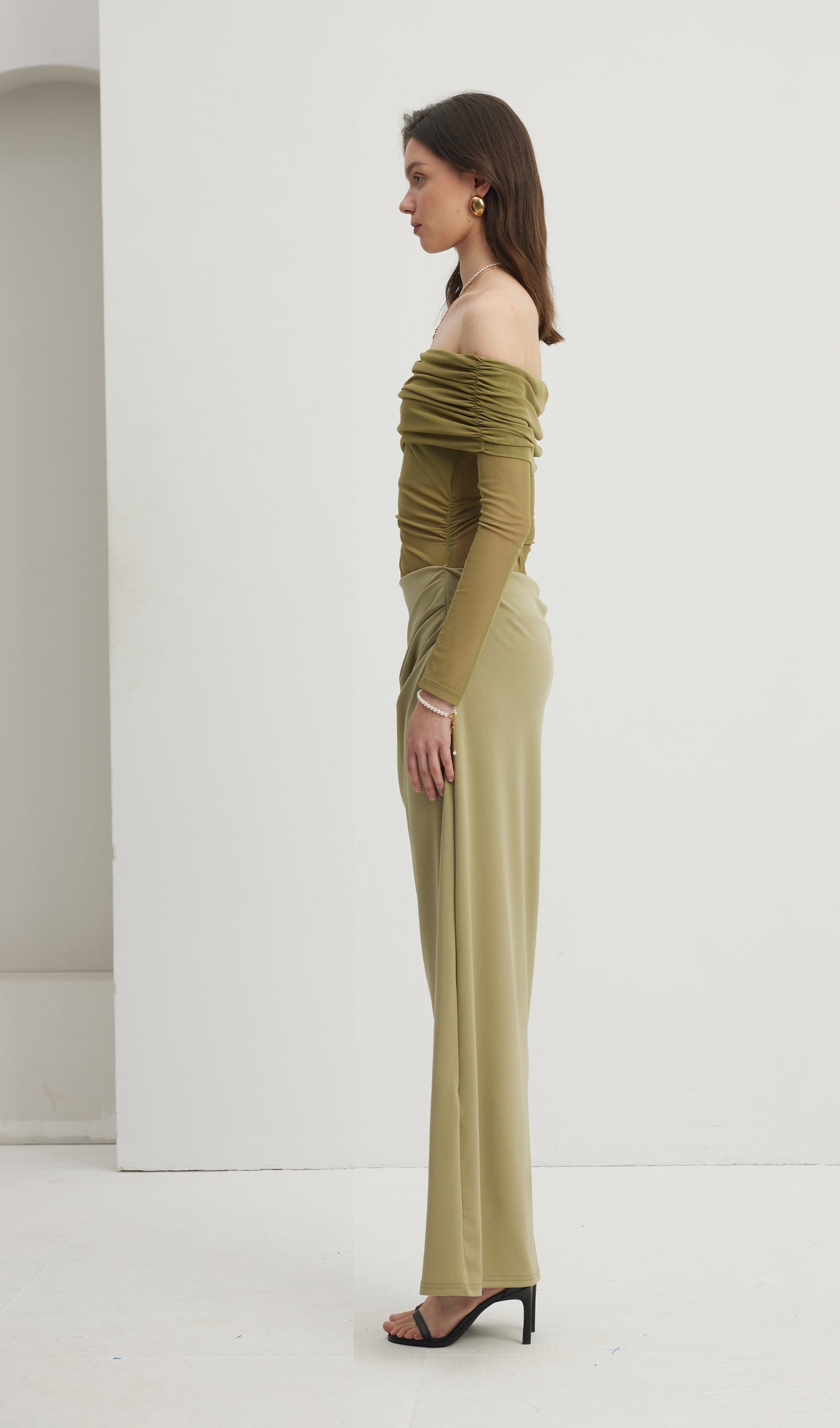 Kapalı Omuz Şeffaf Maksi Örgü Yeşil