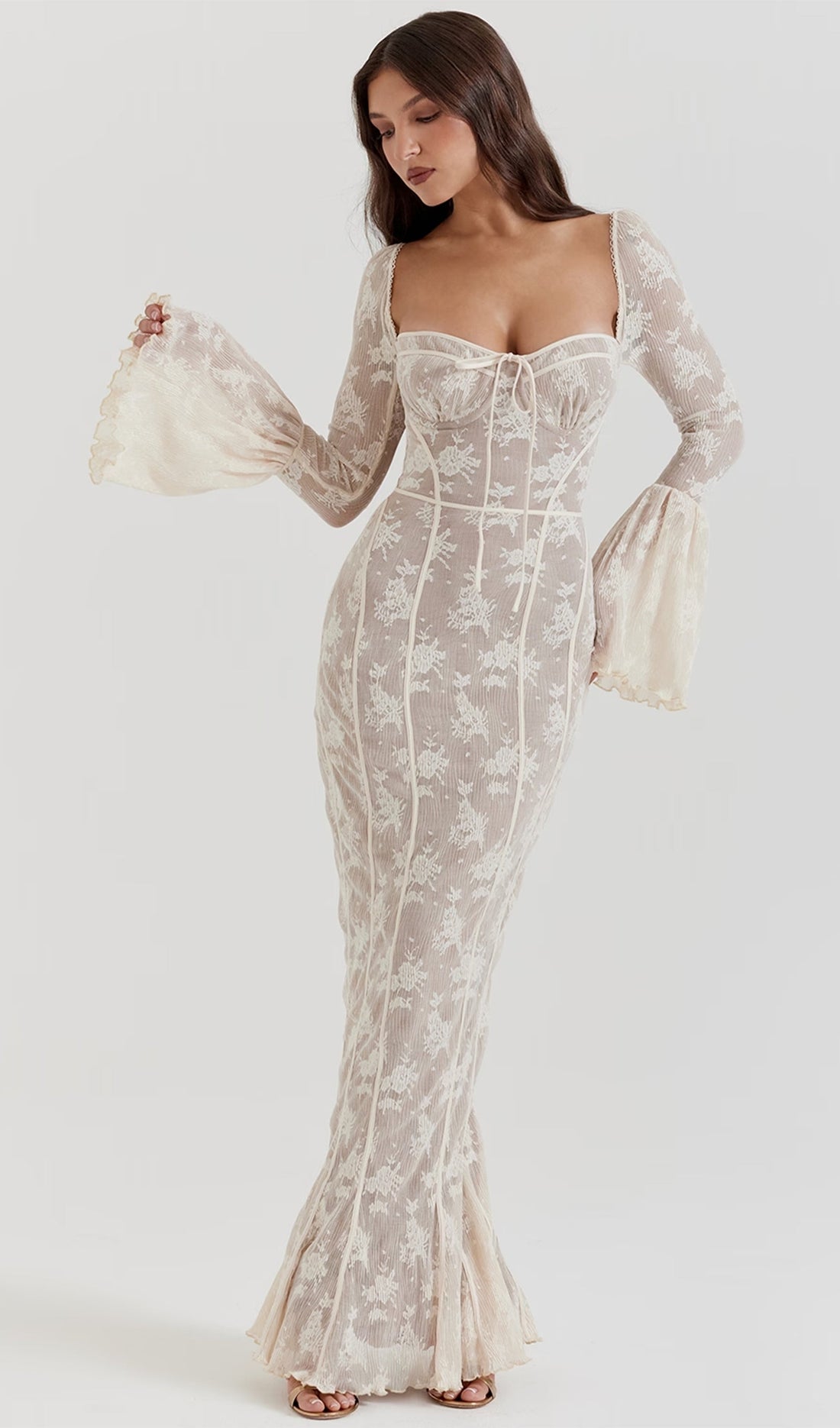 Vintage Krem Dantel Maksi Elbise