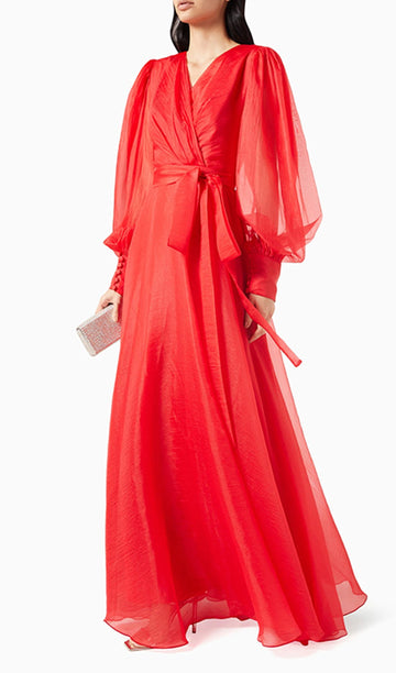 Fener Kollu V Yaka Bel Kemerli Maksi Elbise