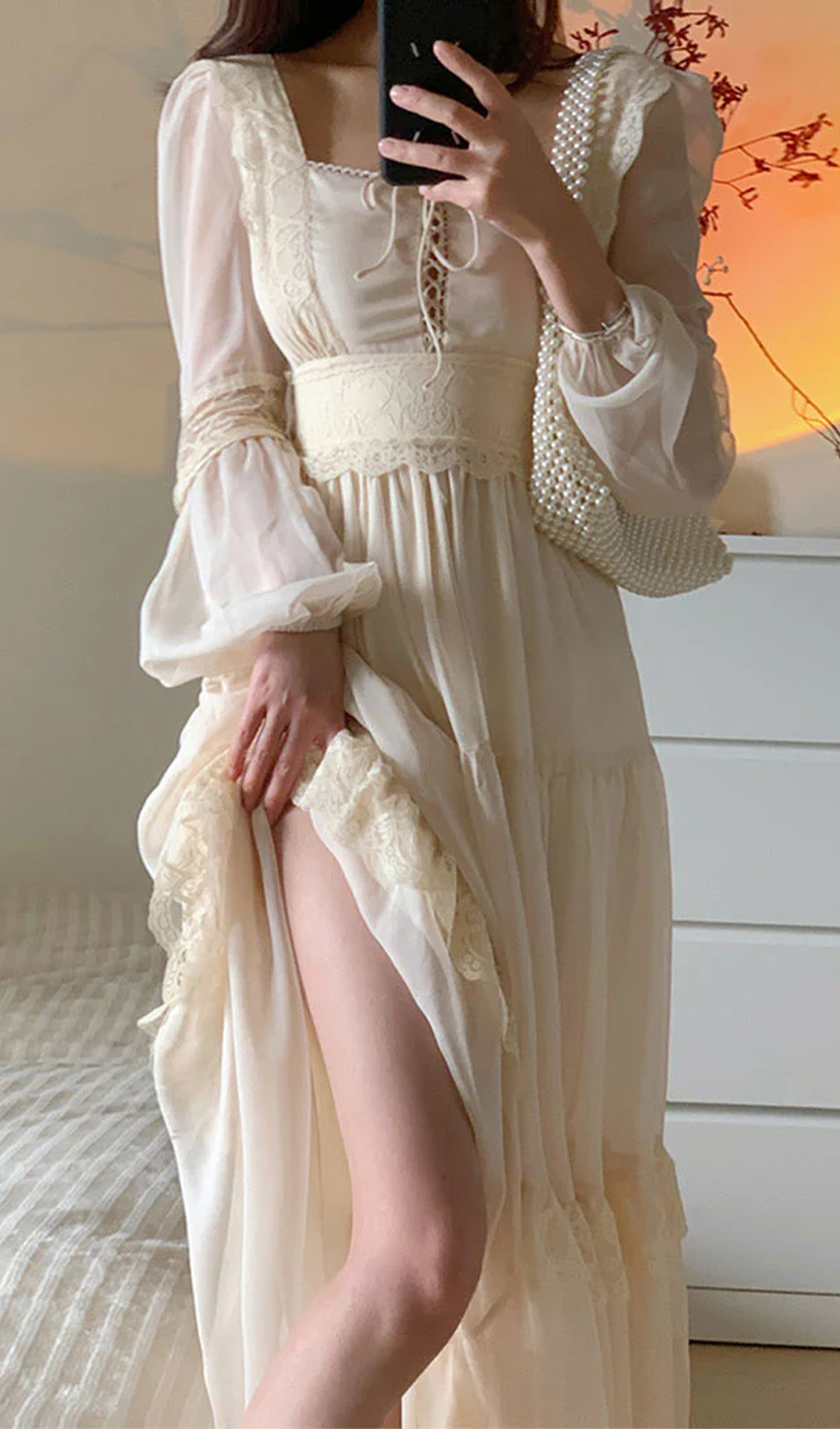 Vintage Kare Yaka A Line Maksi Elbise